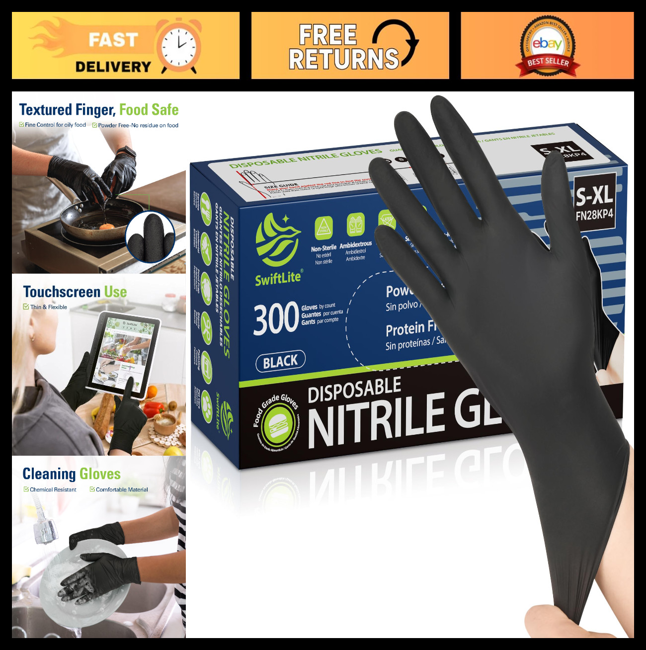 Food Safe Black Nitrile Gloves – Disposable Latex-Free Rubber Cooking & Cleaning