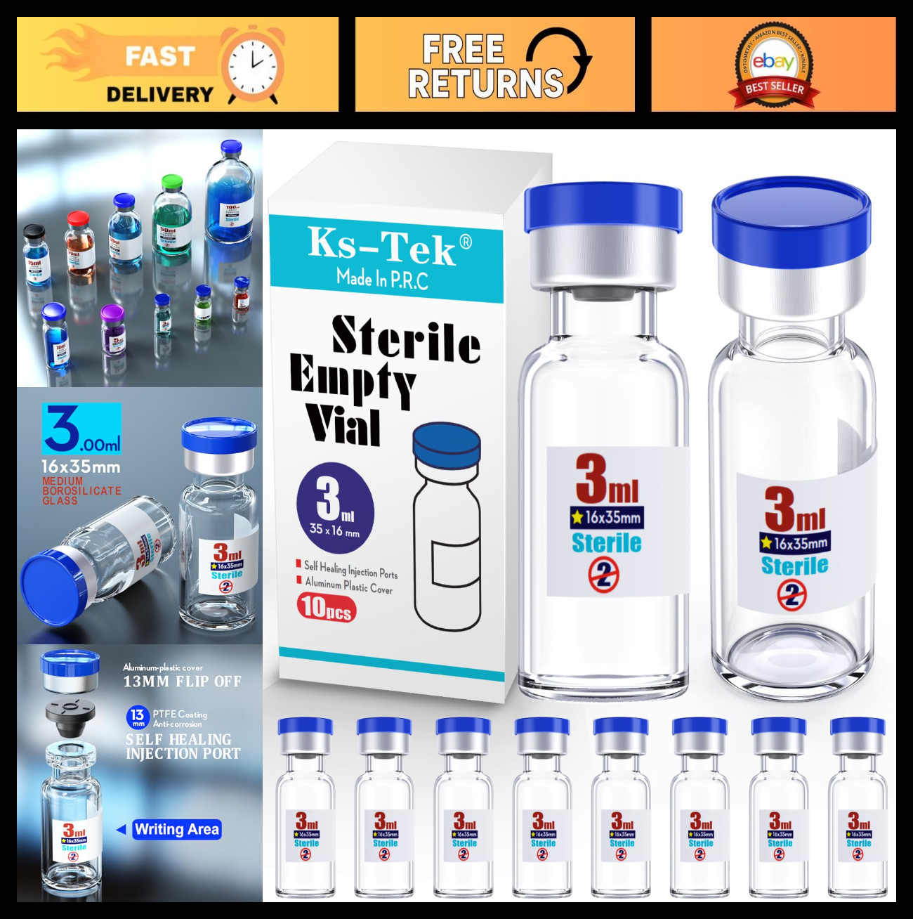 Sterile Empty Vials with Self-Healing Injection Port & Flip Off Cap, 3ml (10 Pac