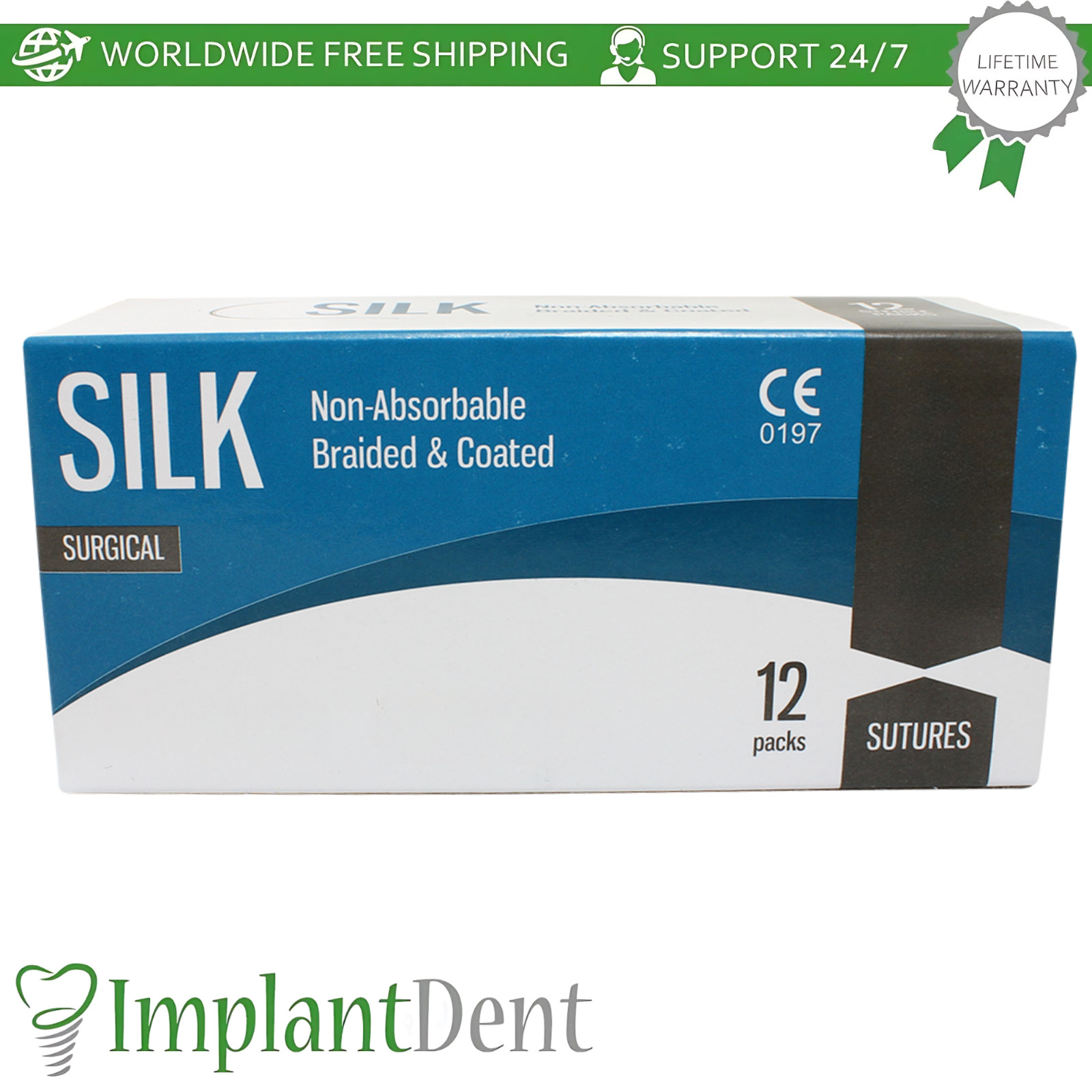 Braided Silk Dental Thread Black Silicone 12pcs SteriIe Individual Packs