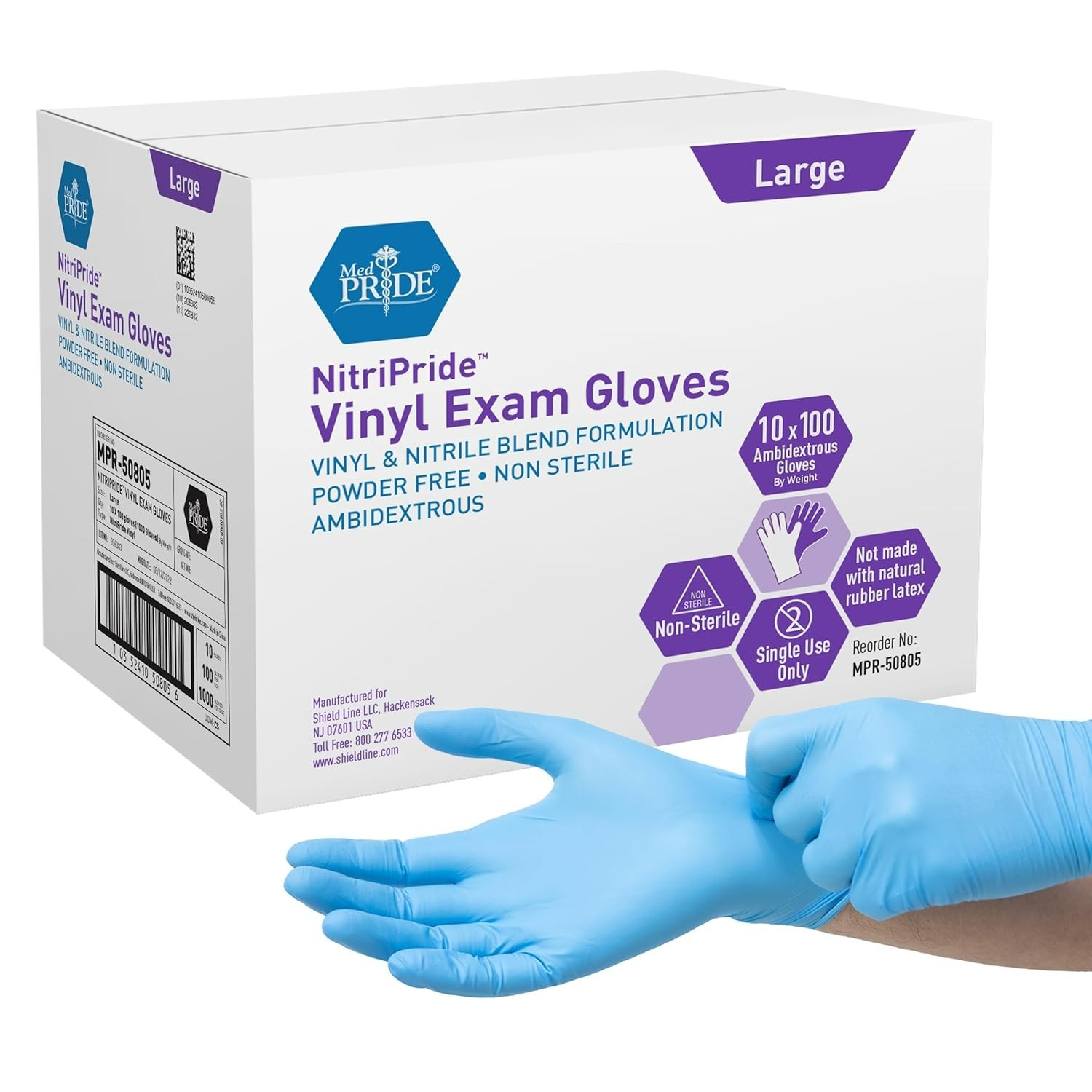 1000 Nitrile/Vinyl Blend Disposable Exam Gloves – Powder-Free, Latex-Free, Large