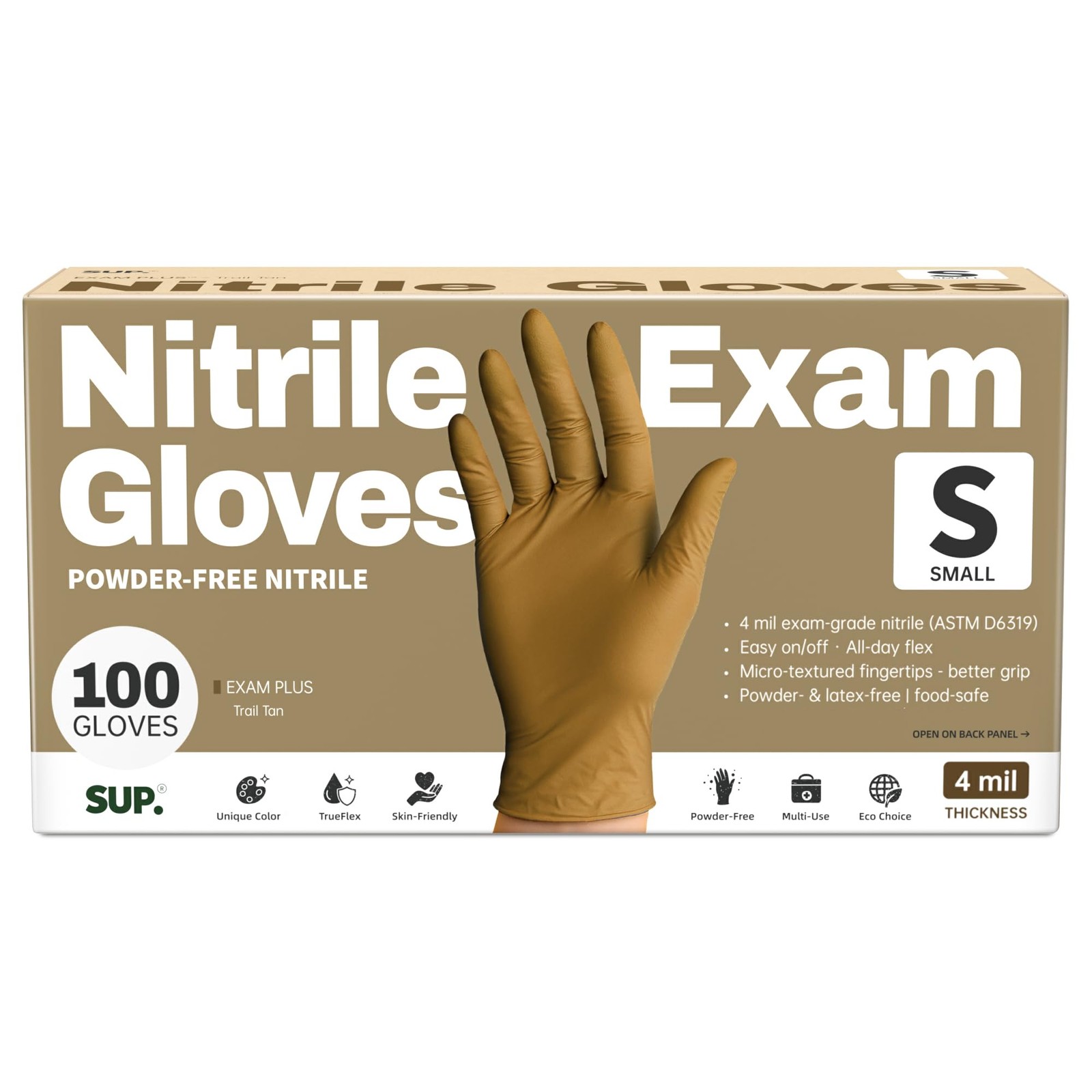 Powder~Free Nitrile Gloves, 100 Count, Food Safe, Latex~Free, Small, Tan