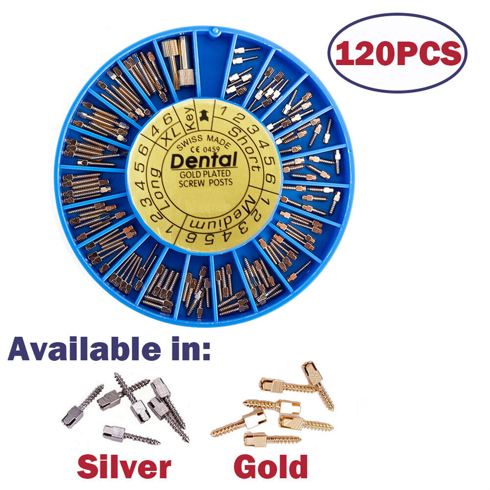 120pcs/kit Dental Screw Post Completed Kit Silver/Gold Plated Endo Conical Pins