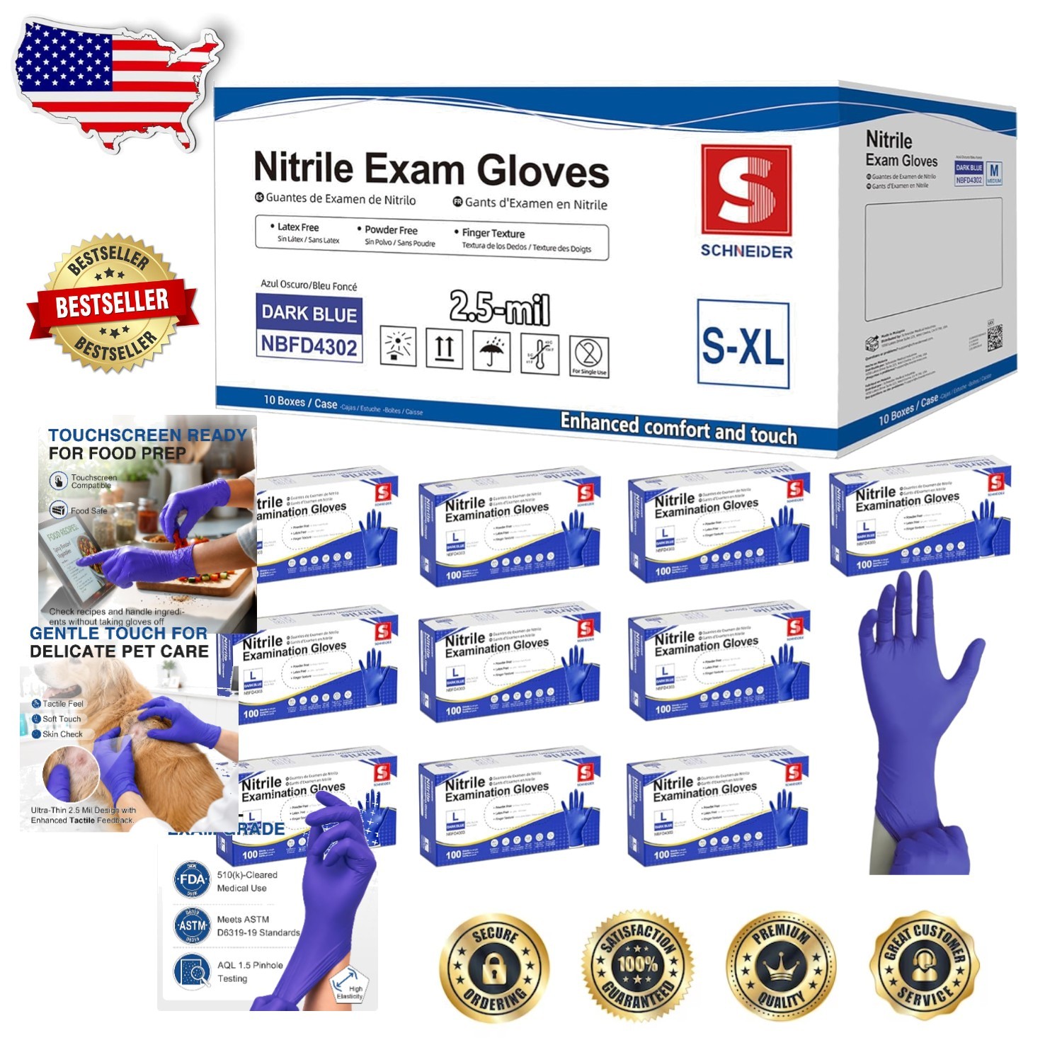 Large Blue Nitrile Gloves 1000ct Waterproof Latex-Free Powder-Free