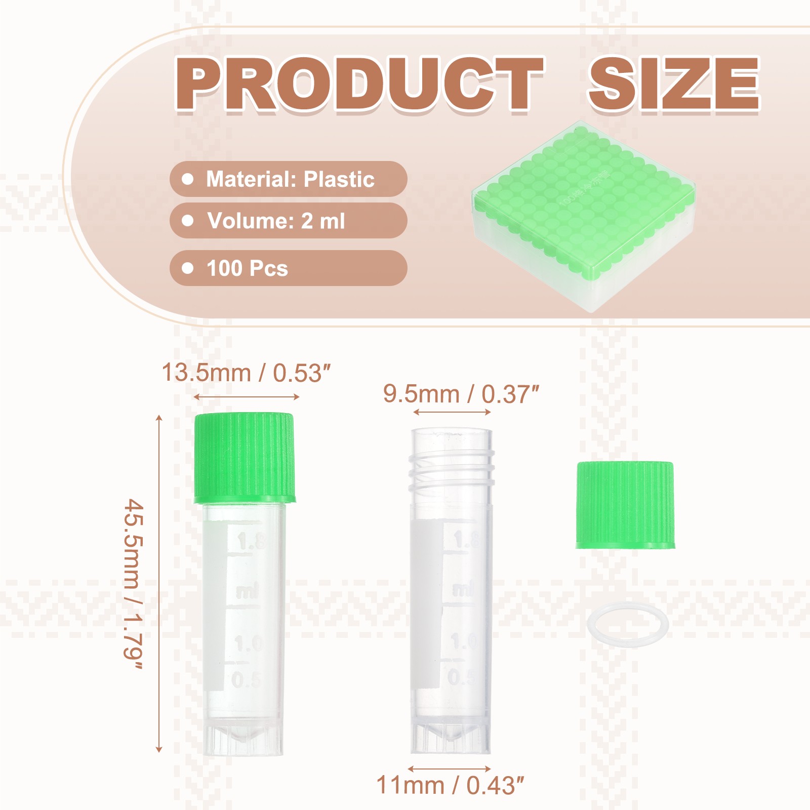 100 Pcs Plastic Vials, 2ml Cryogenic Vials Small Sample Test Tubes, Green