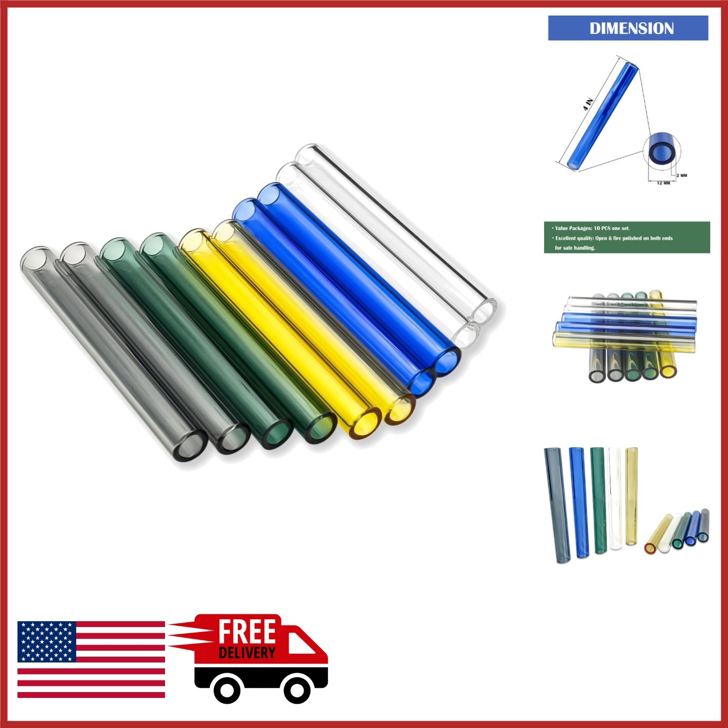 Colorful 4 Inch Glass Tubes 10 Count for Creative Glass Blowing Projects