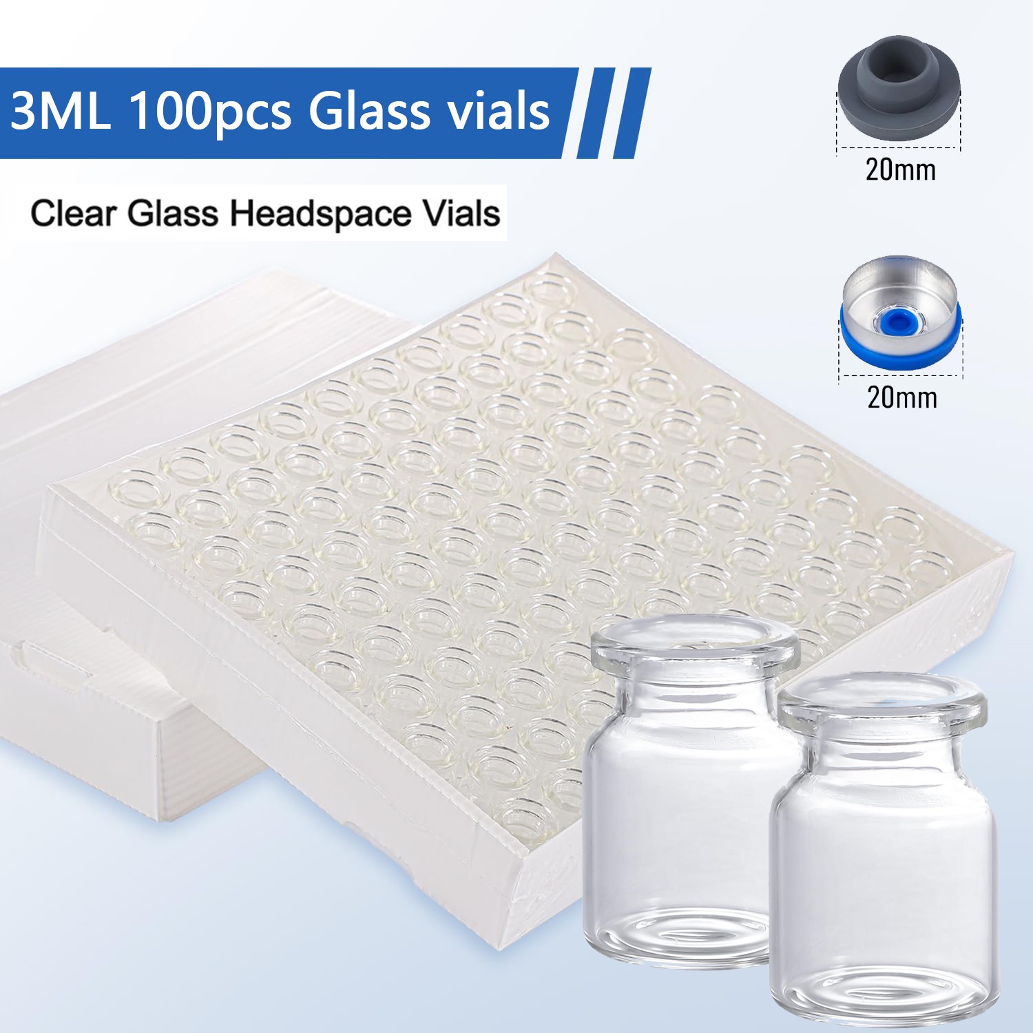100PCS 3ml Glass Vials Headspace Vials Clear 20mm Crimp top Flat Bottom HPLC