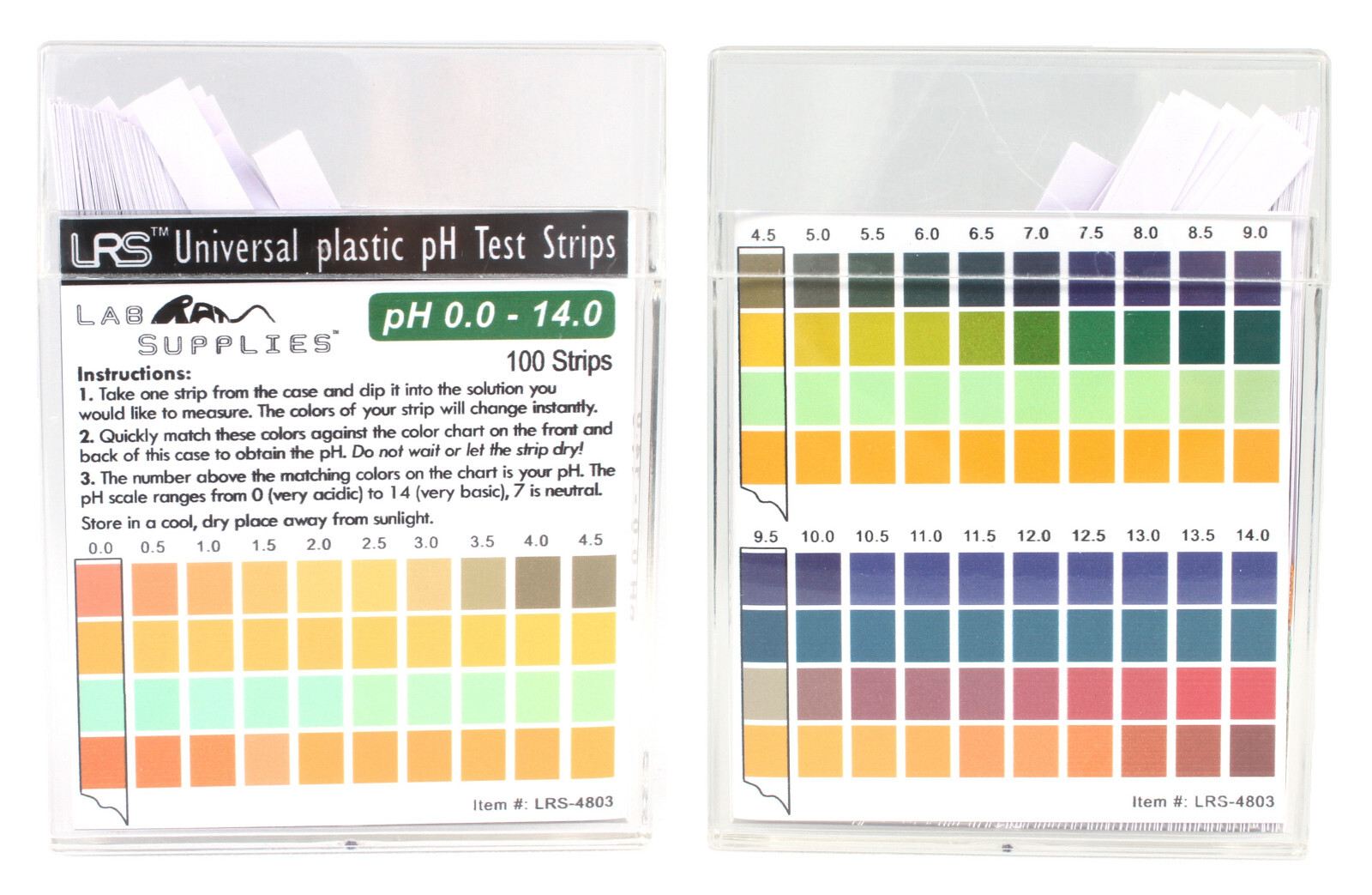 pH Test Strips, Universal Application, pH 0.0-14.0, 0.5 pH Intervals, 100 Strips