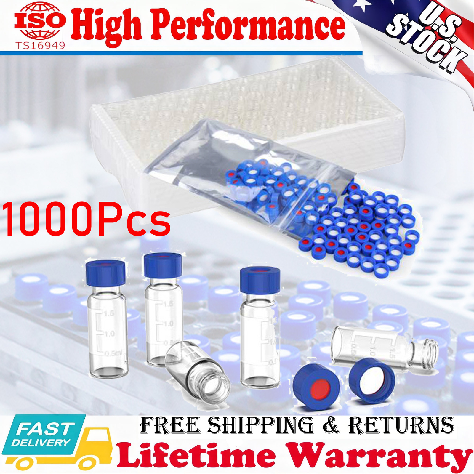 2ml Autosampler Vials 1000PCS+Pre-Slit Caps 9-425 Glass Bottle Screw Top HPLC GC