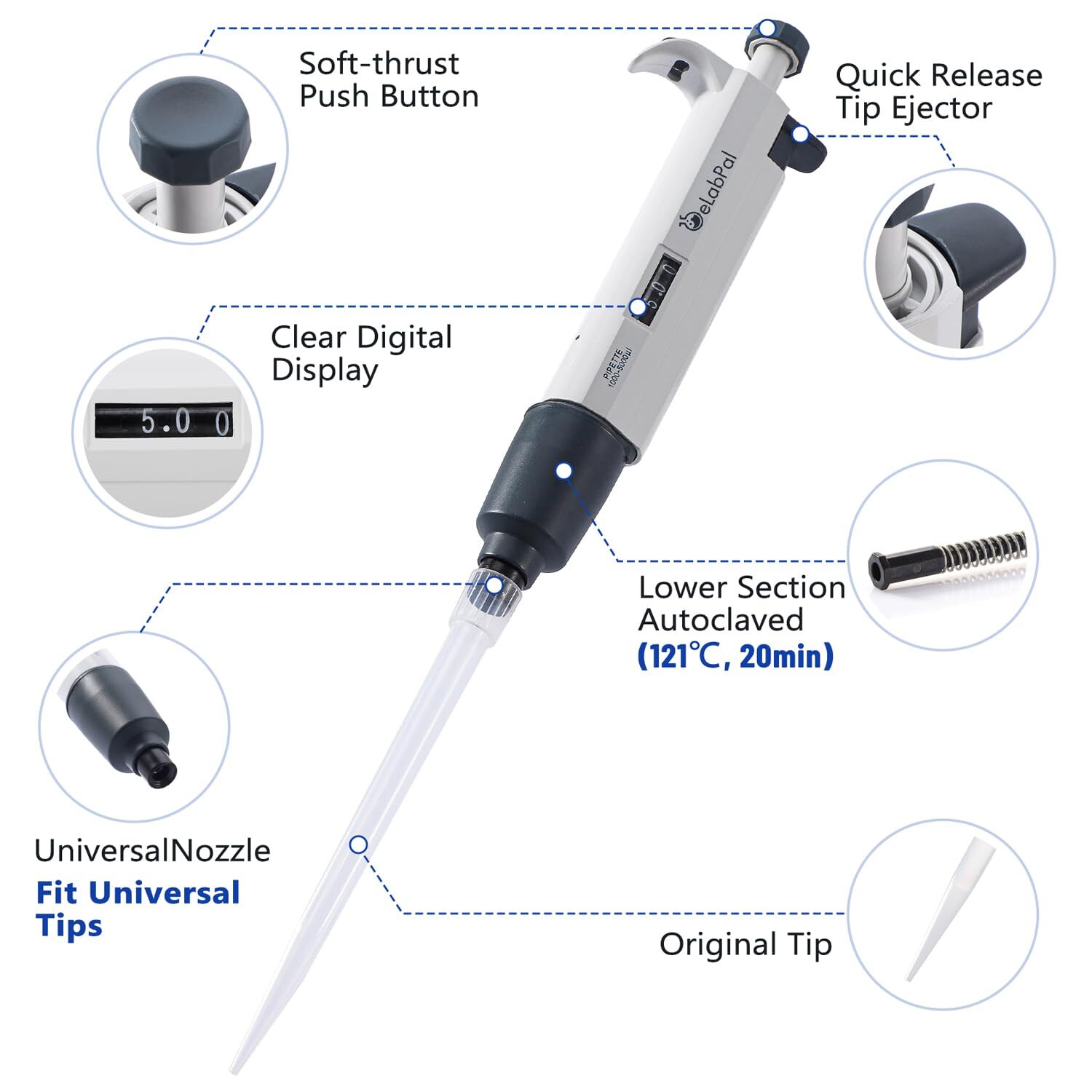 Adjustable Volume Pipette Single Channel Micropipette High Precision Pipettor