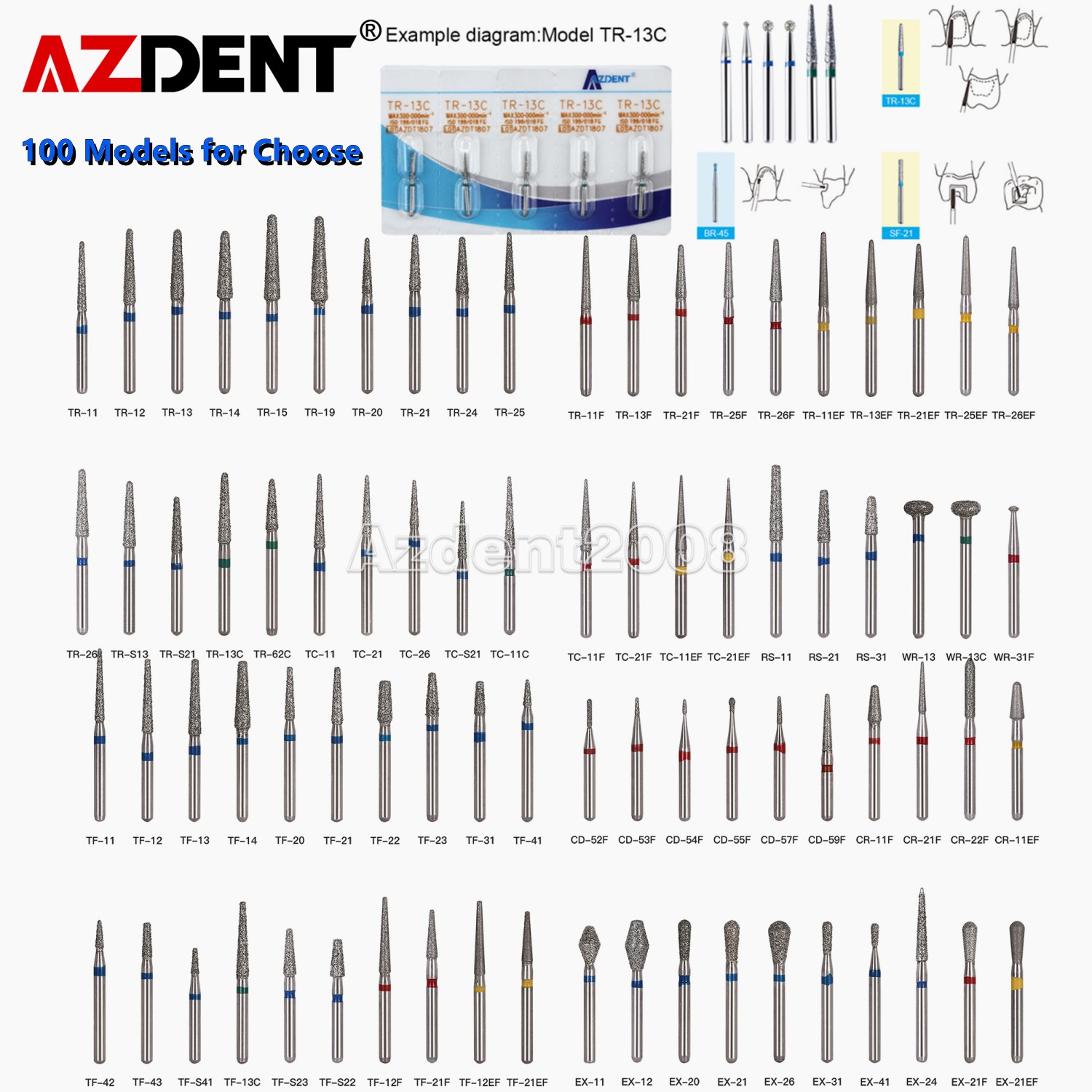 100pcs Dental Diamond Burs Friction Grip 1.6mm for High Speed Handpiece AZDENT