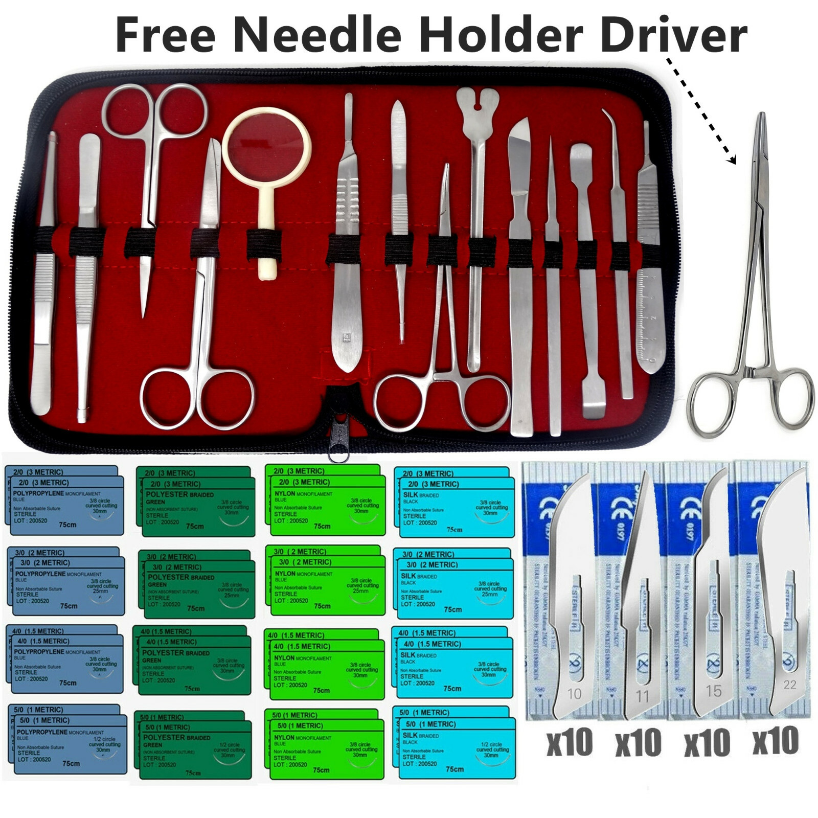Student Dissecting Instrument Kit 88 Pcs w/Training Sutures Free Needle Holder