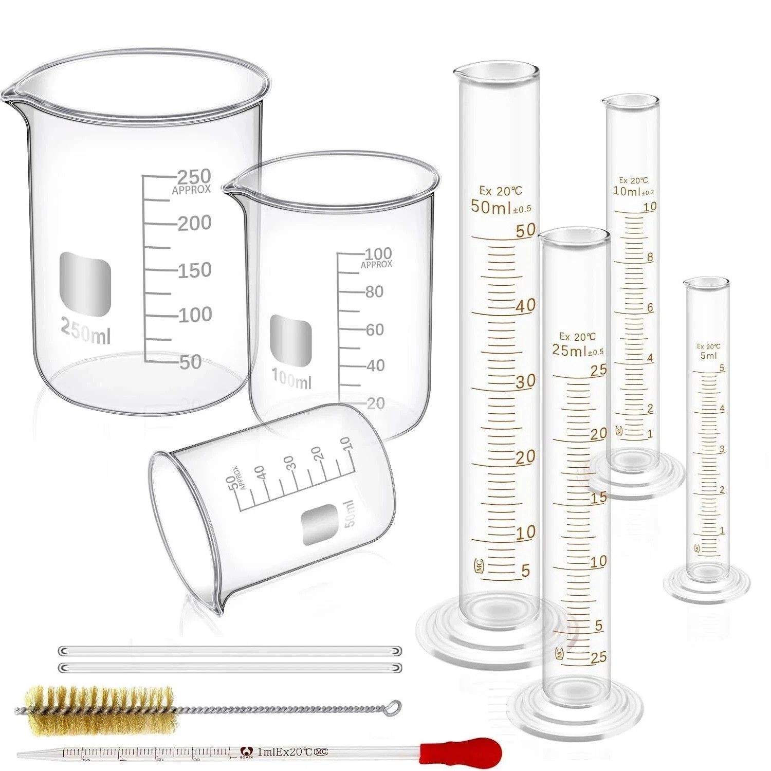 11Pcs Measuring Beaker Lab Flask Graduated Cylinder Glass Beaker Kit Glassware