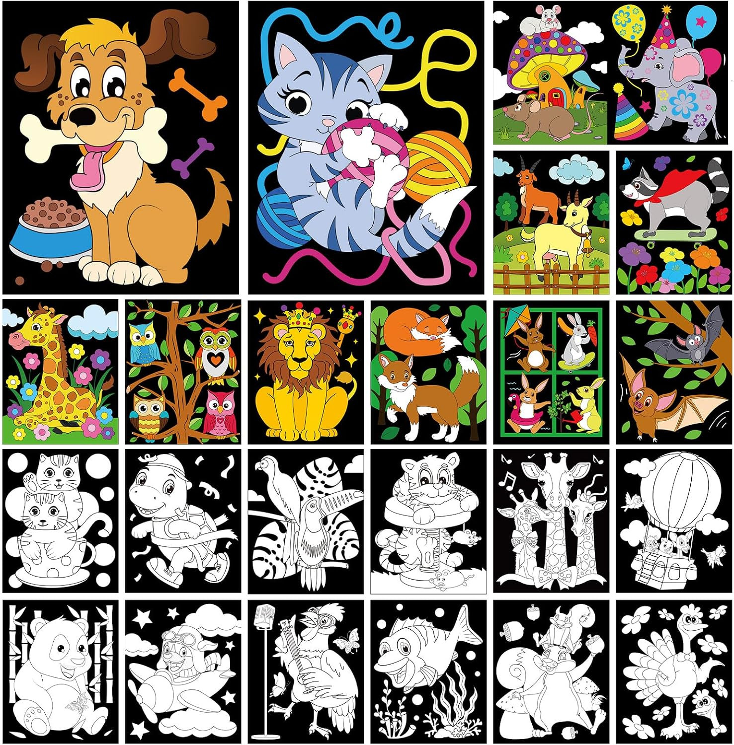 48 Pcs Cute Animals Velvet Coloring Posters Felt Pages to Color Cute Animals Fuz