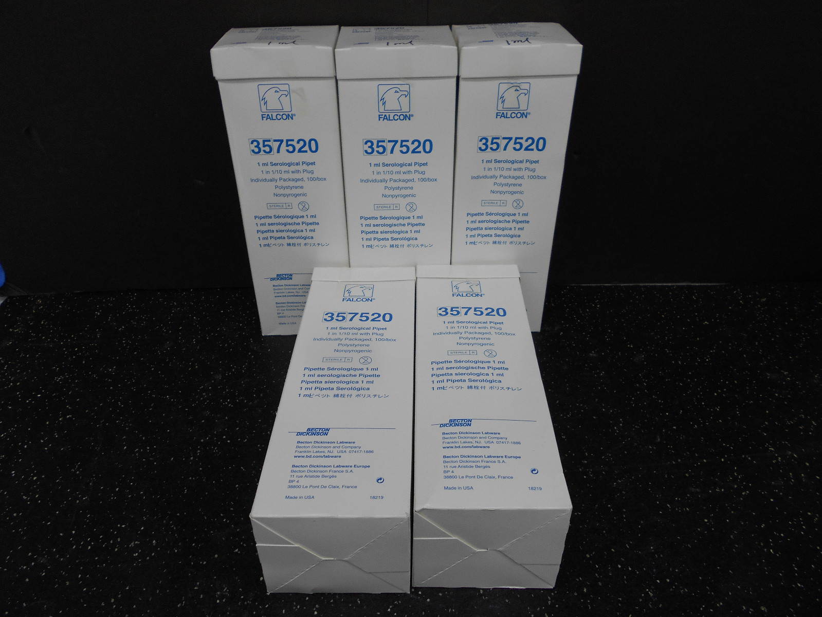 LOT OF 5 FALCON 357520 STERILE 1ML SEROLOGICAL PIPET 1 IN 1/1ML 100/BX