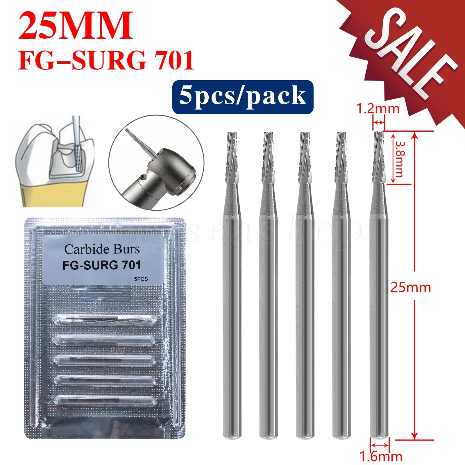 5-100pc Dental Long Shank Surgical Bur FG 701 25mm Tungsten Carbide Midwest FGOS
