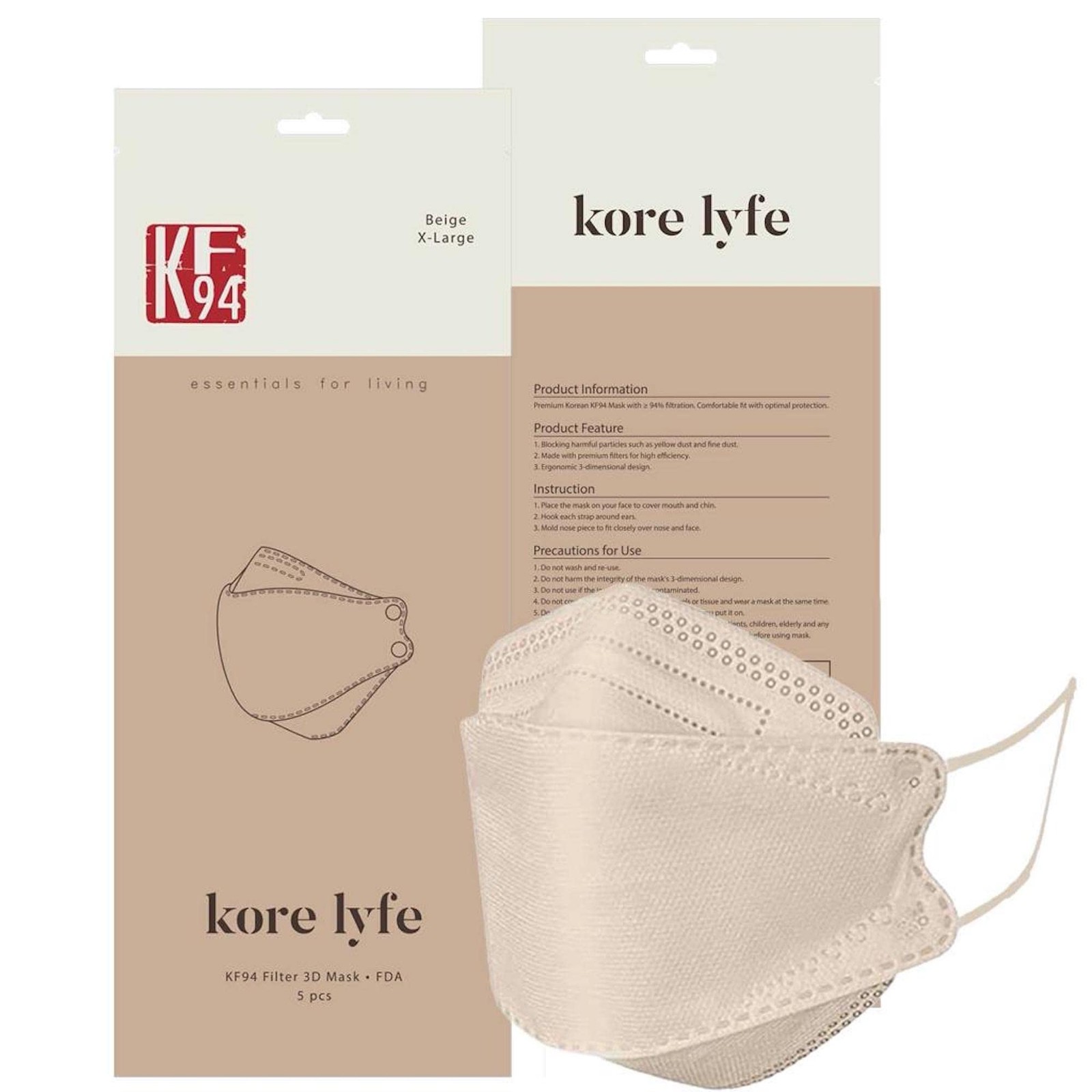 BEIGE X-LARGE [25 PCS] 25% LARGER KF94 [Made in Korea] In 5 PCS Reclosable Pa…