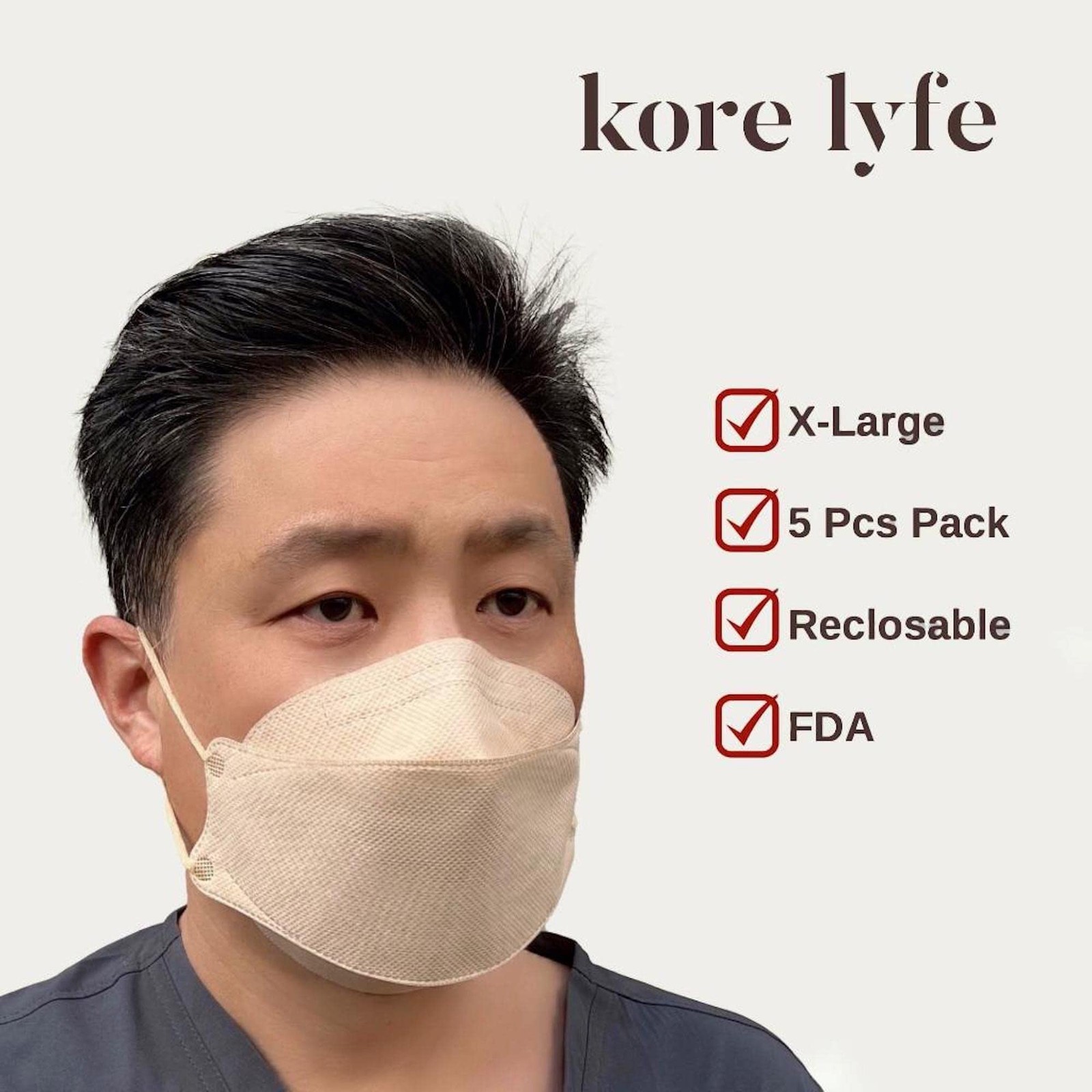 BEIGE X-LARGE [25 PCS] 25% LARGER KF94 [Made in Korea] In 5 PCS Reclosable Pa…
