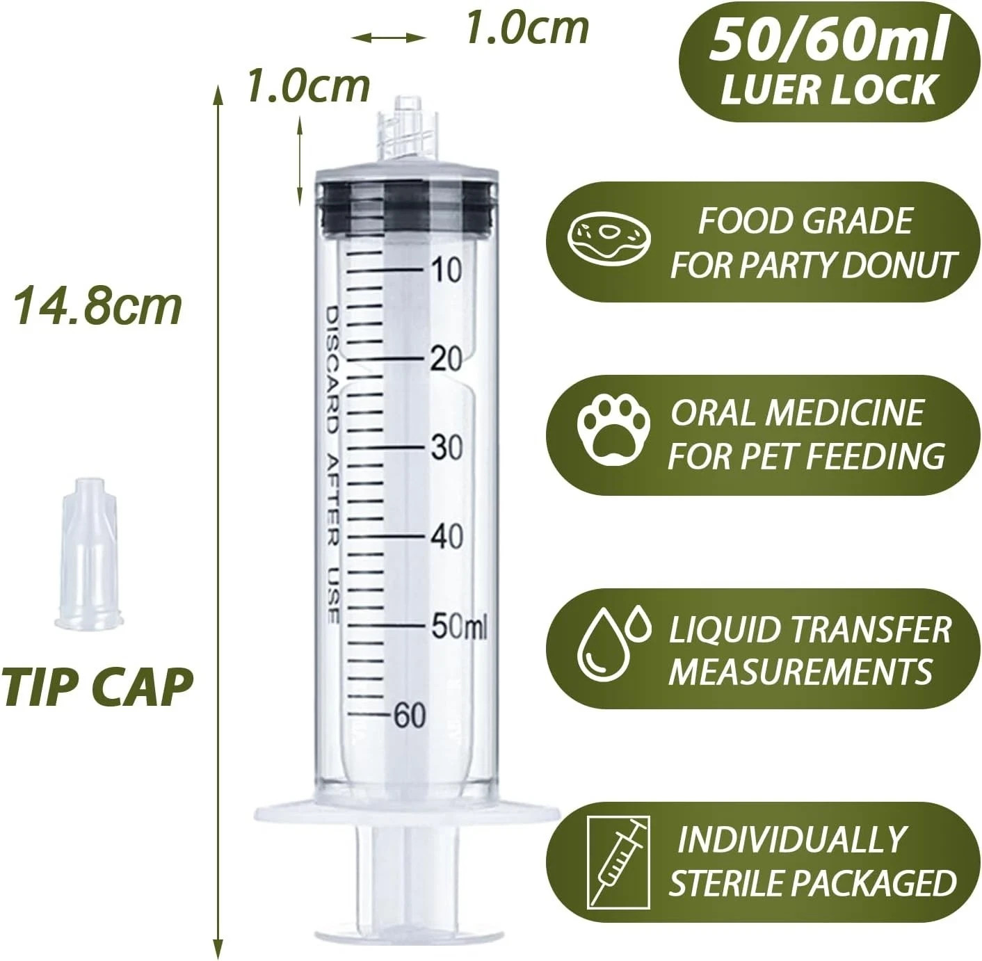 60mL Luer Lock Syringe 4 Pack Large Plastic Sterile Syringes without Needle,…