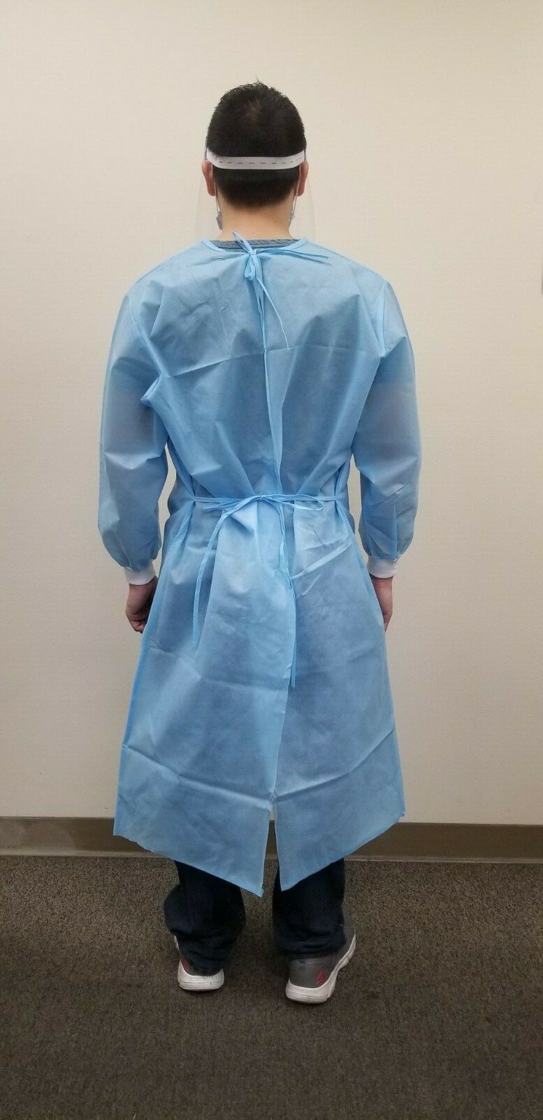 Isolation Gown, Blue -Box of 50 Count. Knit cuff ,Latex free, One size fits all