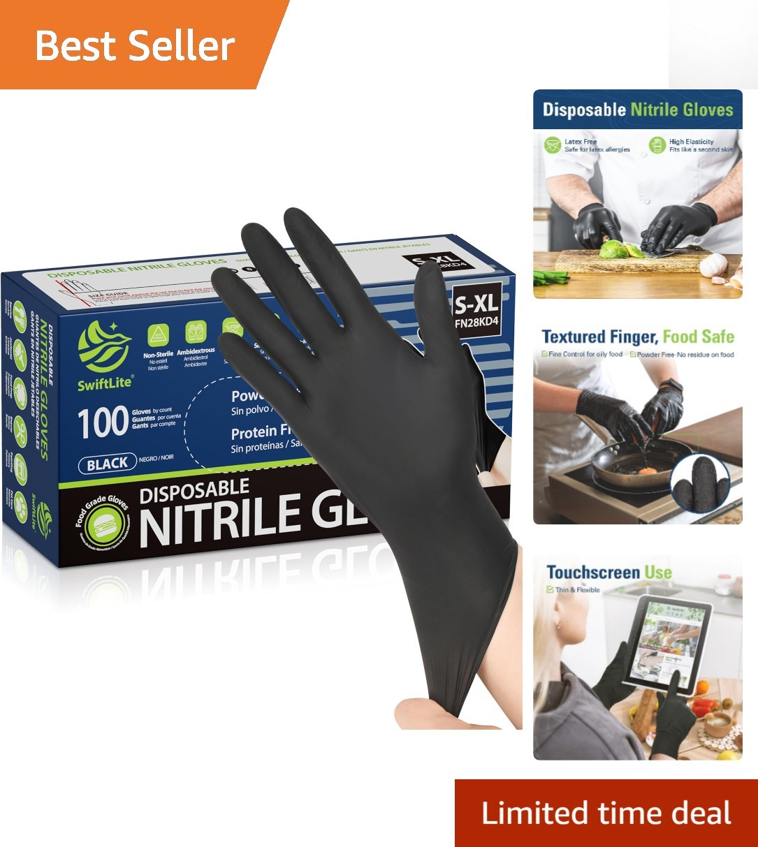 Large Powder-Free Black Nitrile Gloves – 100 Count, Ideal for Cooking & Cleaning