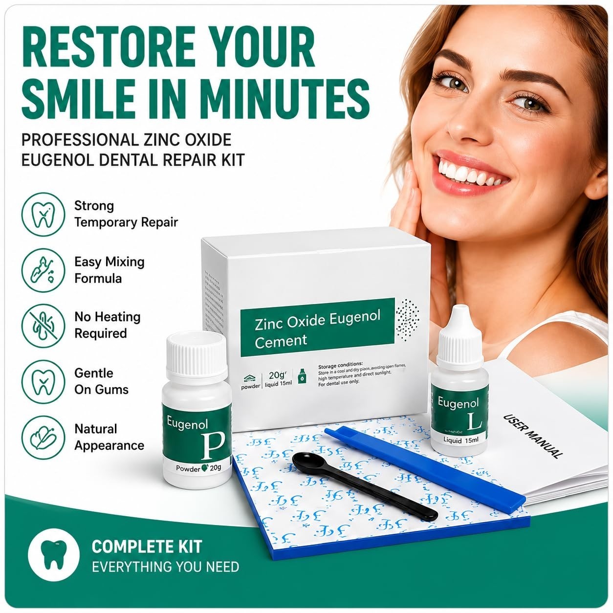 Zinc Oxide Eugenol Dental Cement Kit for Temporary Crowns & Bridges, Smile Repai