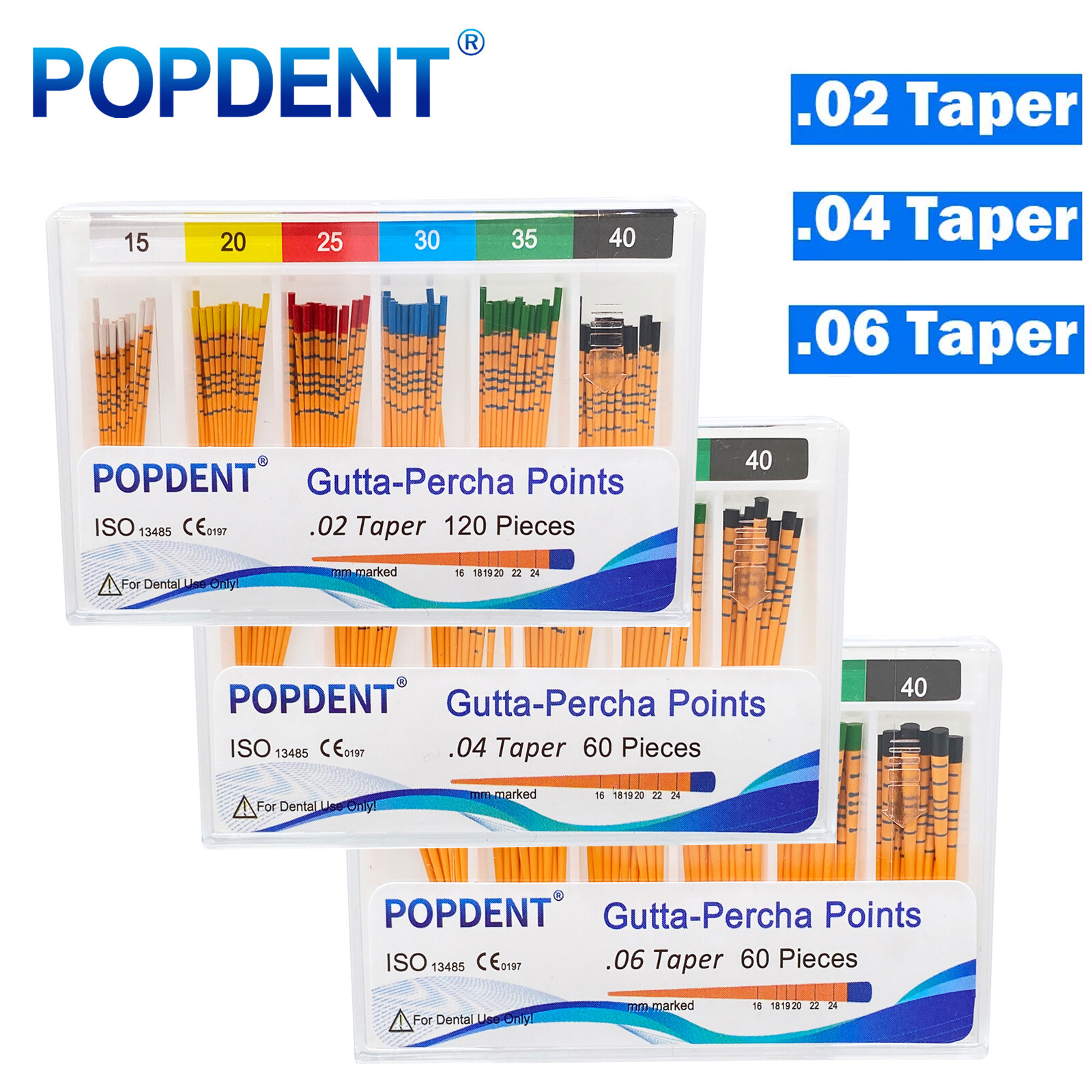 POPDENT Gutta Percha Points .02 .04 .06 F1 F2 F3 Standard Multicolor Endo Marked