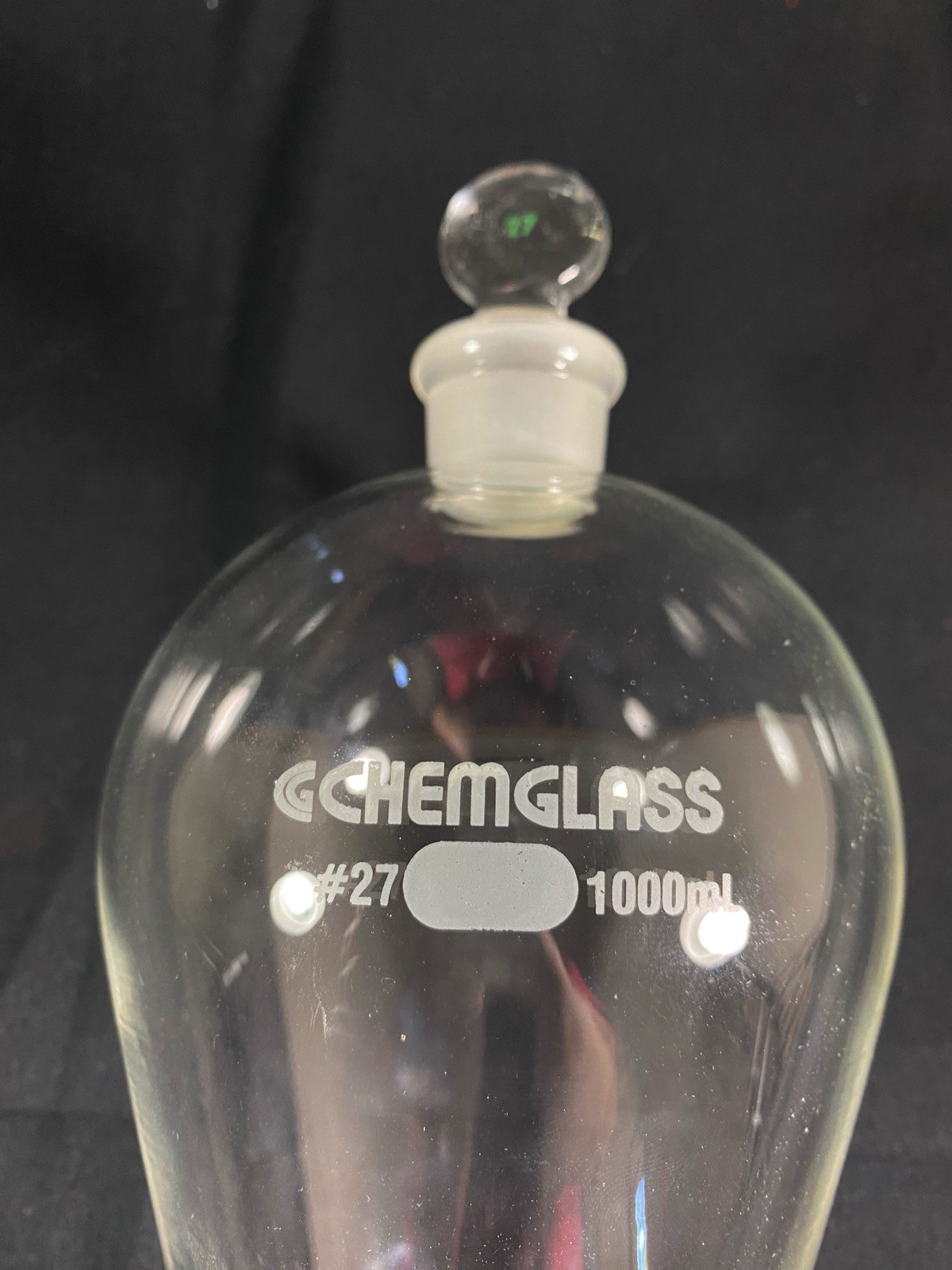 CHEMGLASS 1000mL Squibb Separatory Funnel w/ Stopcock #27 Stopper CG-1742-06 A