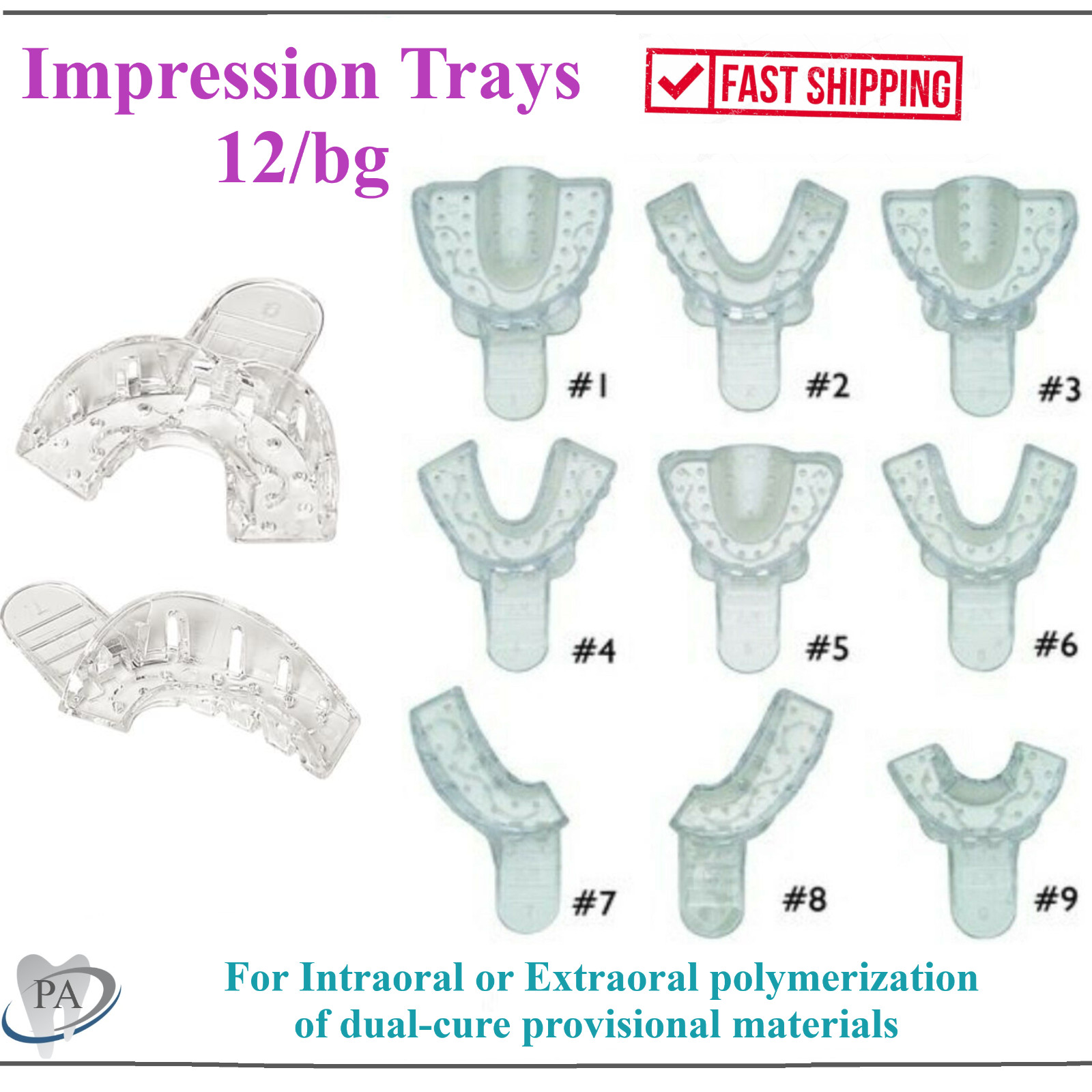 Dental Clear Impression Trays «Excellent Crystal» (CHOOSE SIZE) (1 Bag of 12)