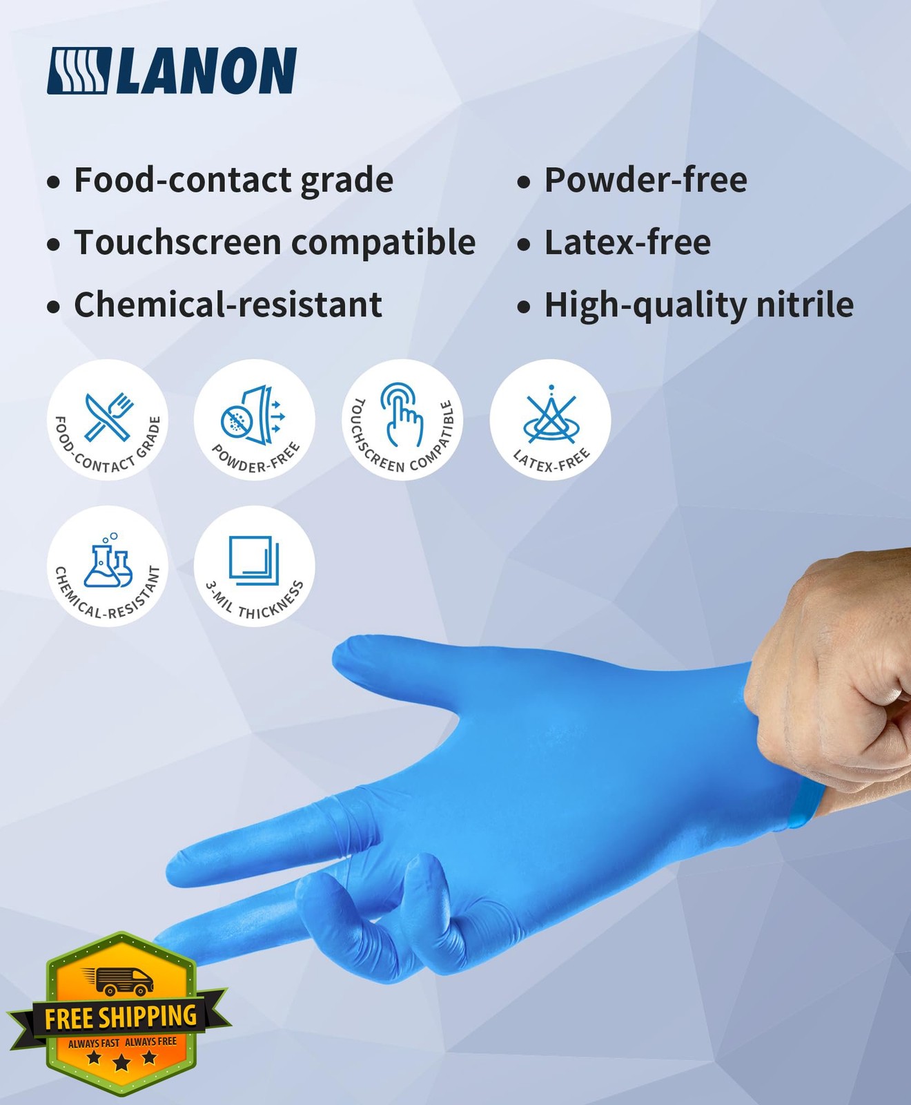 LANON Blue Nitrile Gloves Large 100 Pack