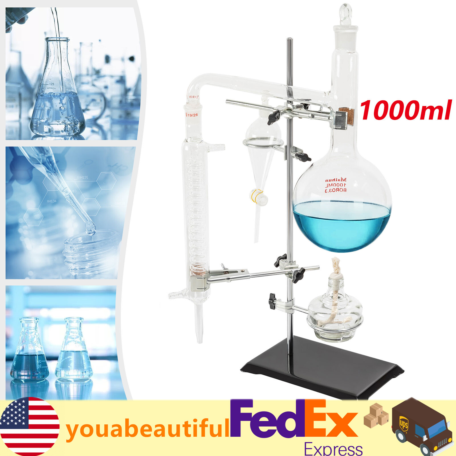 1000ml Distillation Apparatus Kit Chemistry Lab Essential Oil Distilling Glass