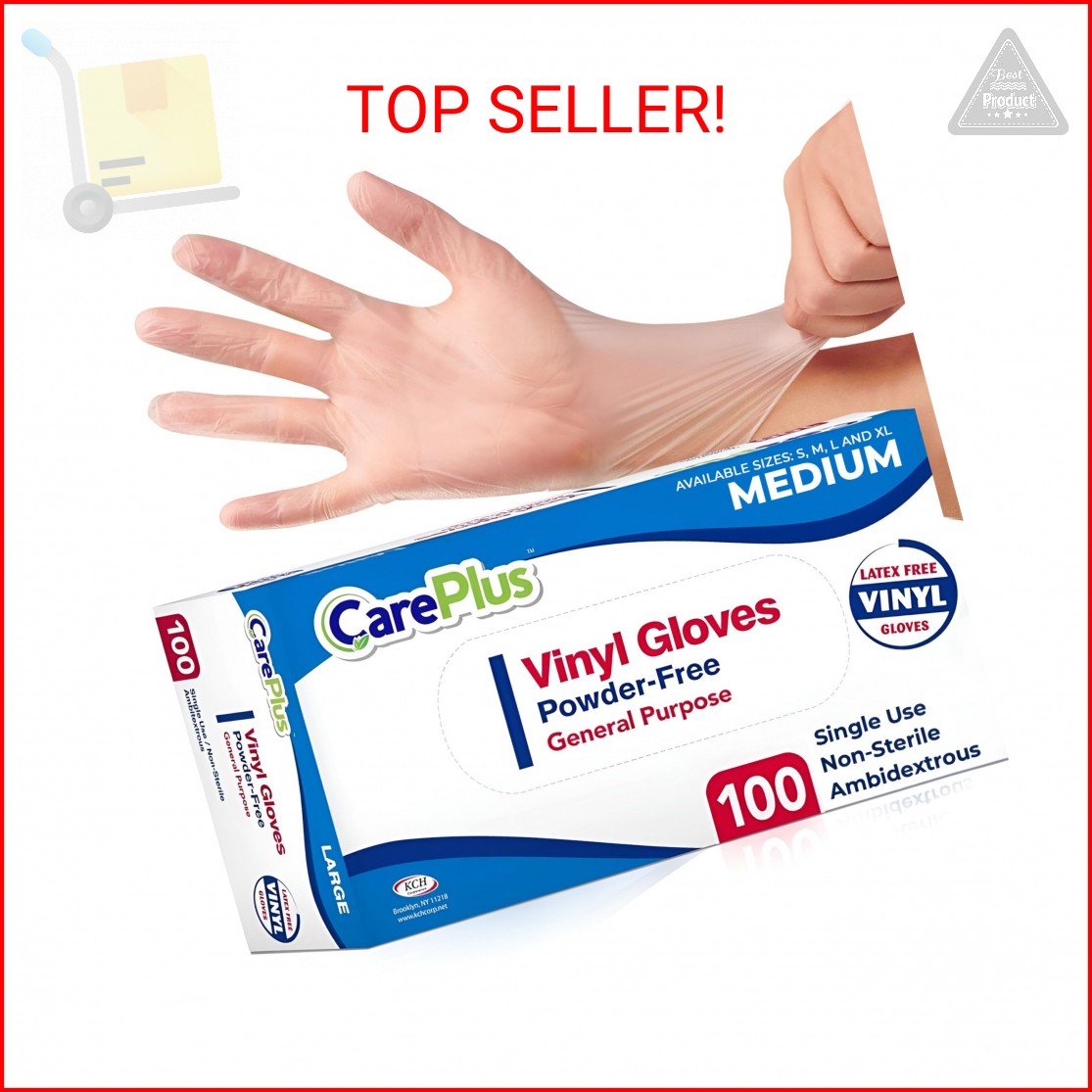 CARE PLUS Latex-Free Vinyl Gloves Clear Medium Size 100 Count | Heavy Duty, Non-