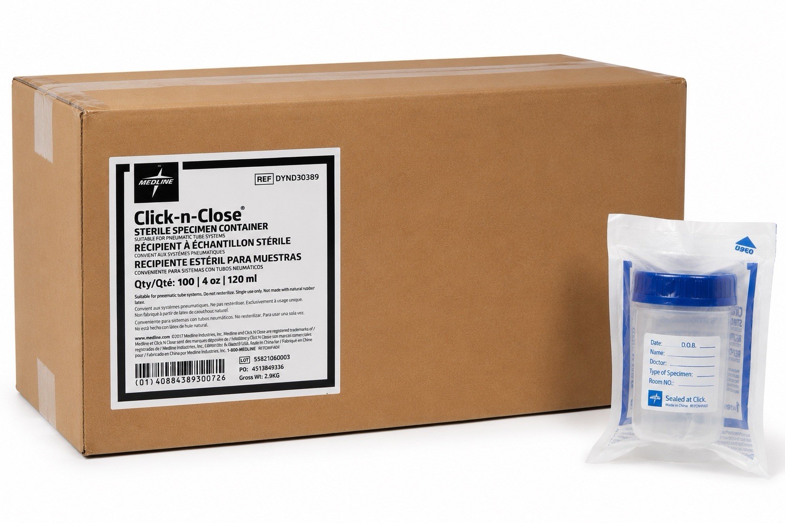 Case 100ct Medline Click-n-Close Sterile Specimen Containers 4oz 120mL DYND30389
