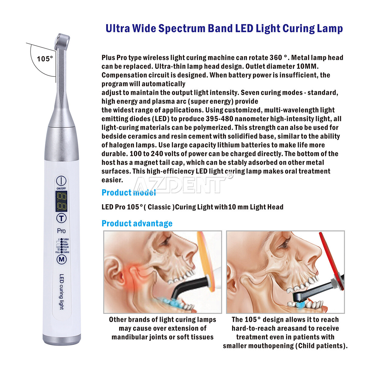 AZDENT Dental Cordless 1 Second Curing Light LED Curing Lamp 1800mw/cm²