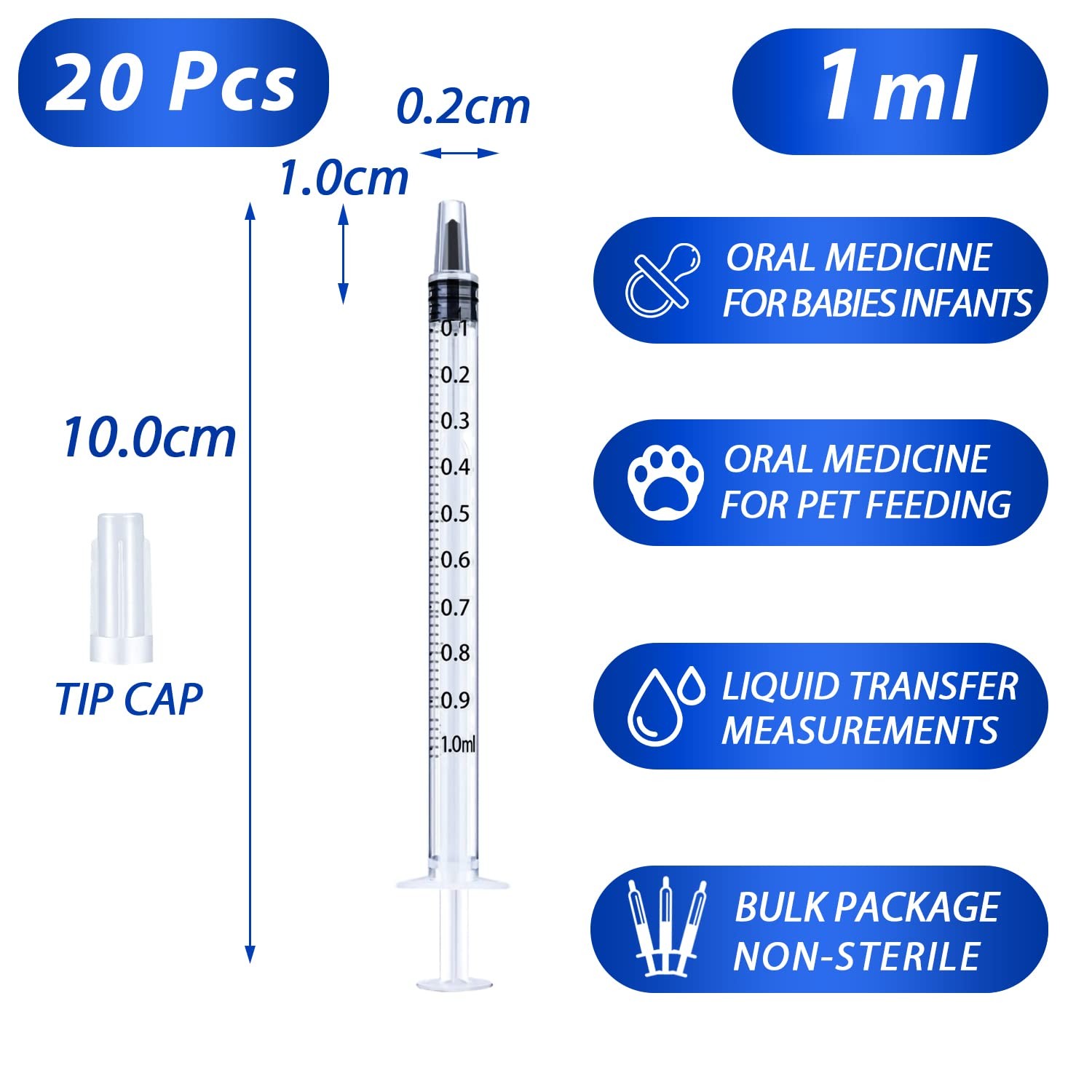 20 Pack 1ml Syringe with Cap for Liquid, 1cc Plastic Small Syringes with…
