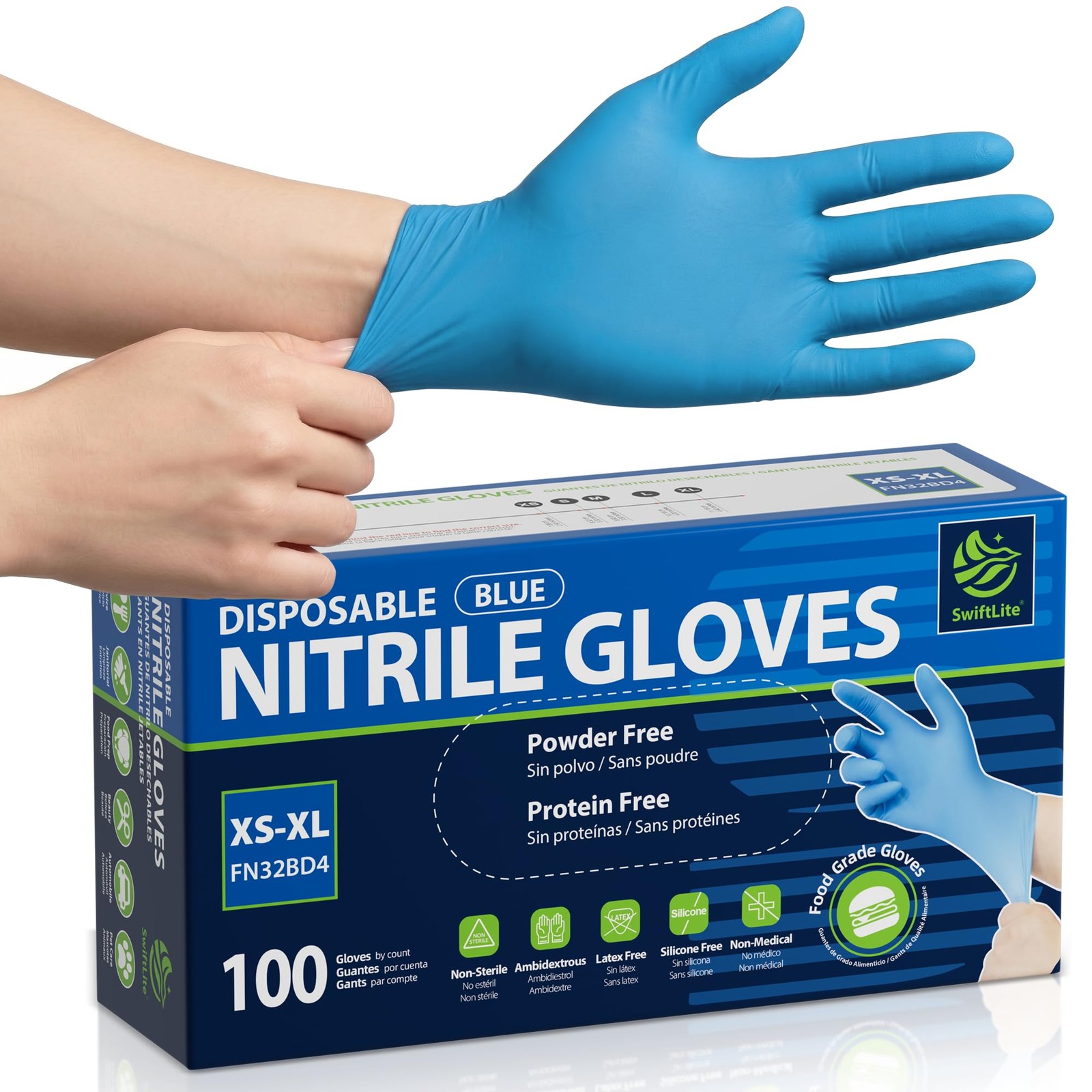 SWIFTLITE Blue Nitrile Food Safe Disposable Gloves, Large, 100 Count