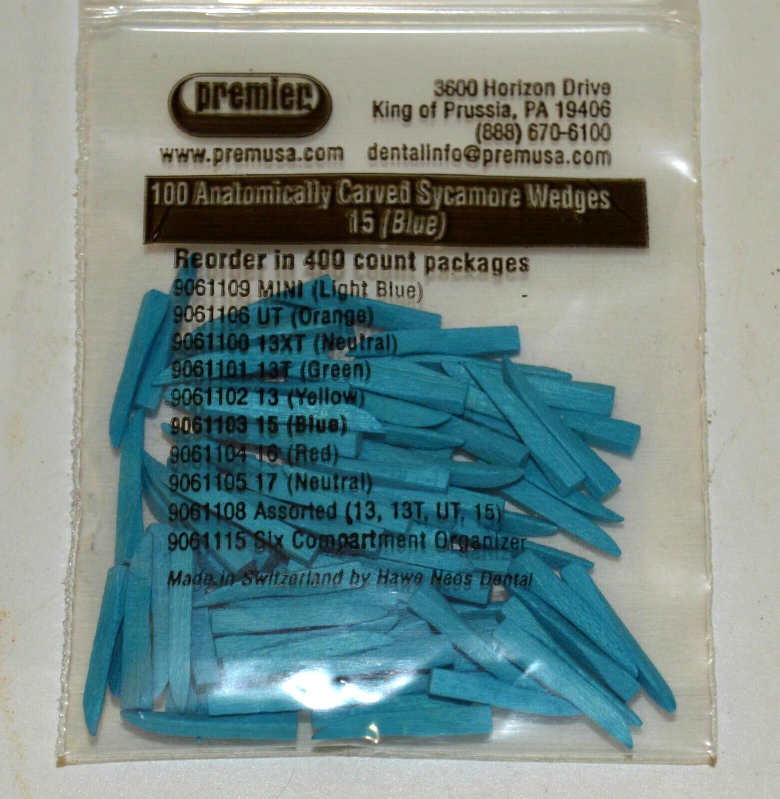 Premier Dental Anatomically Carved 100 Sycamore Wedges Blue 15 Switzerland New