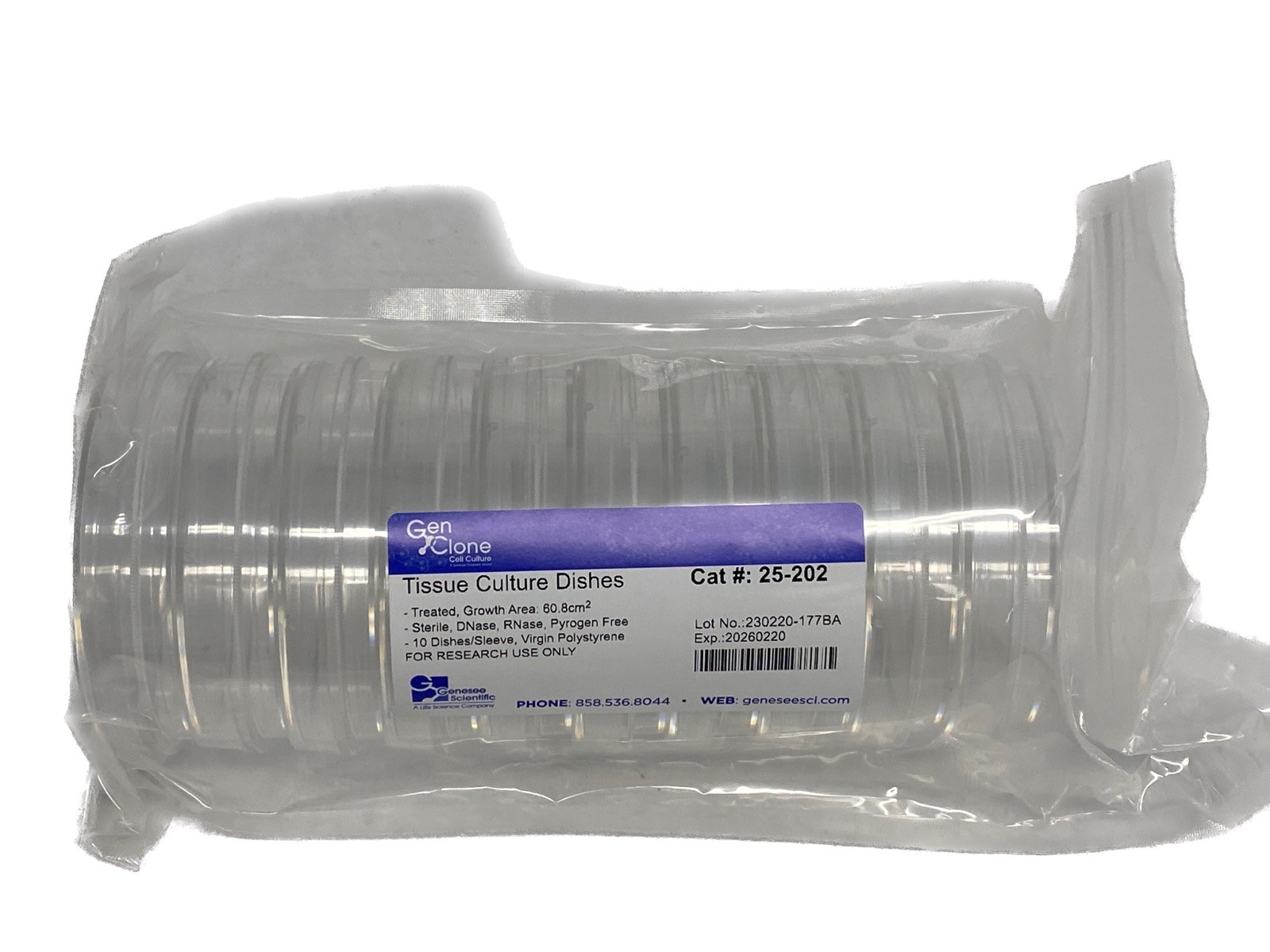 (150) GENESEE GenClone 100x20mm 60.8cm2 PS TC-Treated Petri Dishes 10/Pk 25-202