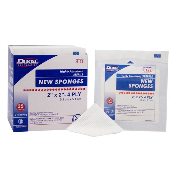 Dukal 2″ x 2″ 4-ply Sterile Non-Woven Sponges, 2 Sponges per Pack, Box of 25