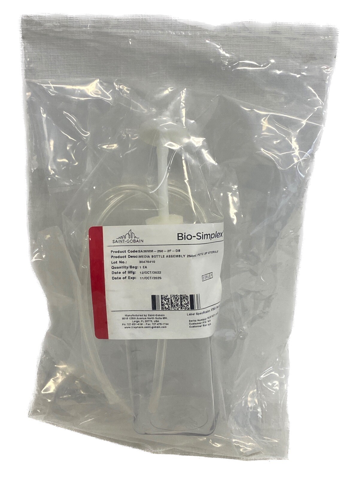 BIO-SIMPLEX 250mL PETG Media Bottle Assembly Sterile C-Flex SA38MM-250-2F-DB