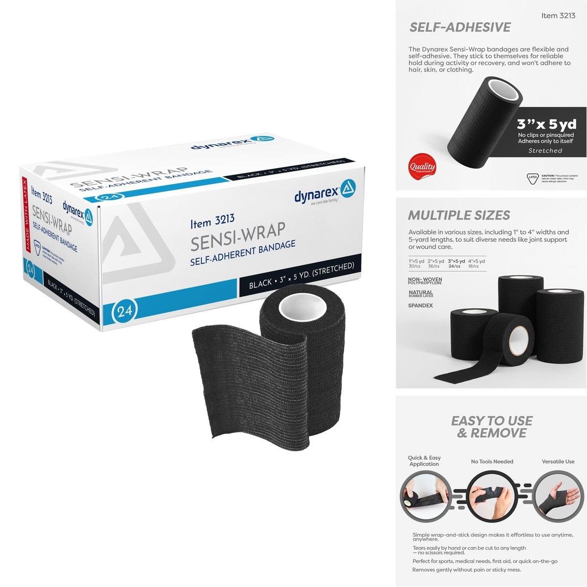 Dynarex Sensi-Wrap Self-Adhesive Bandages 24-Pack 3 X 5 Yards Black Latex
