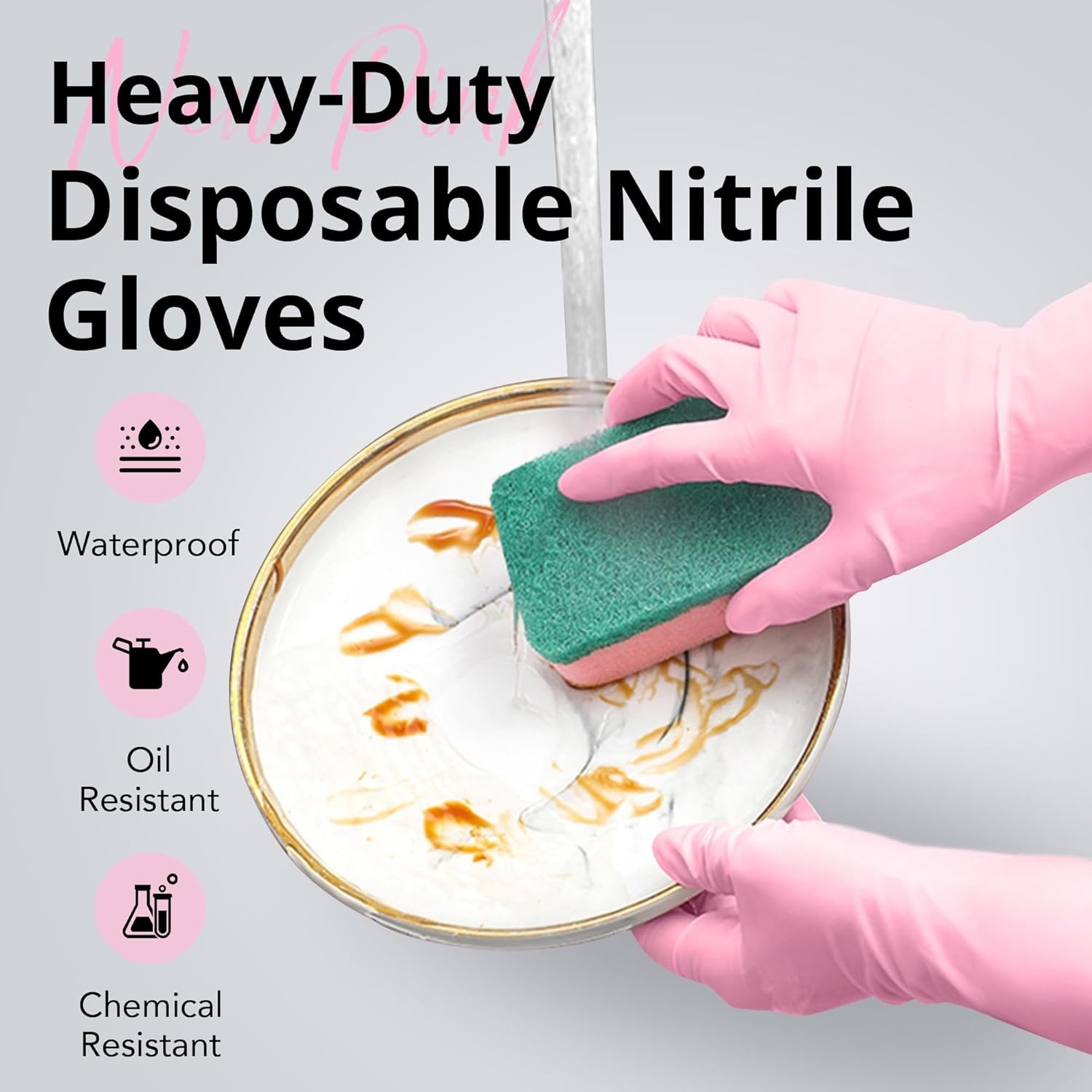 Waterproof Nitrile Dishwashing Gloves, Cherry Blossom, 6-mil