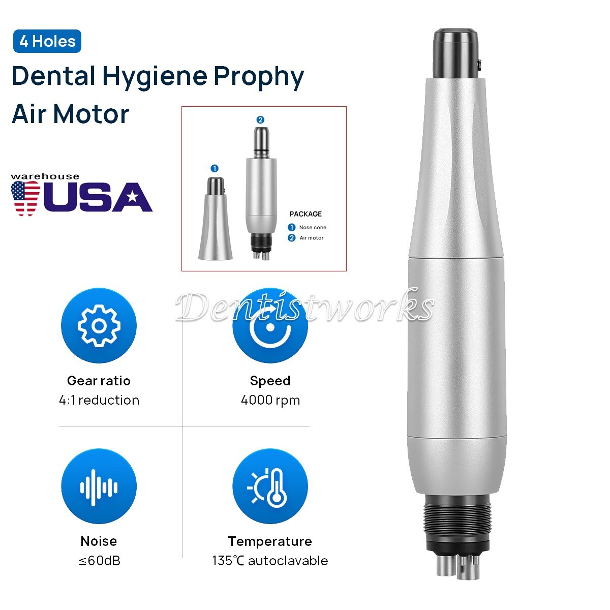 Dental Hygiene Prophy Handpiece 360° Swivel 4Hole Air Motor 4:1 Nose Cone