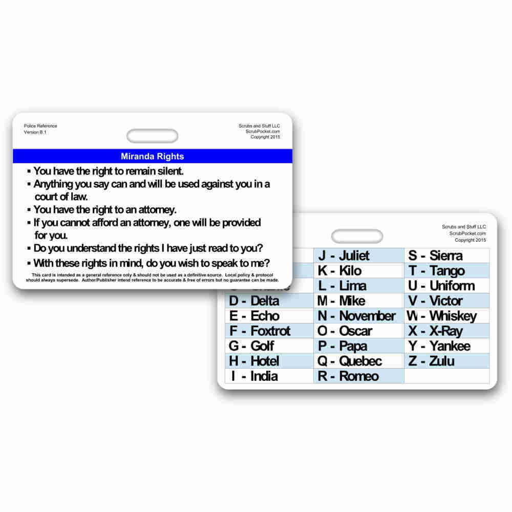 Miranda Rights and Phonetic Alphabet Police Horz Ref Badge Card Police Security