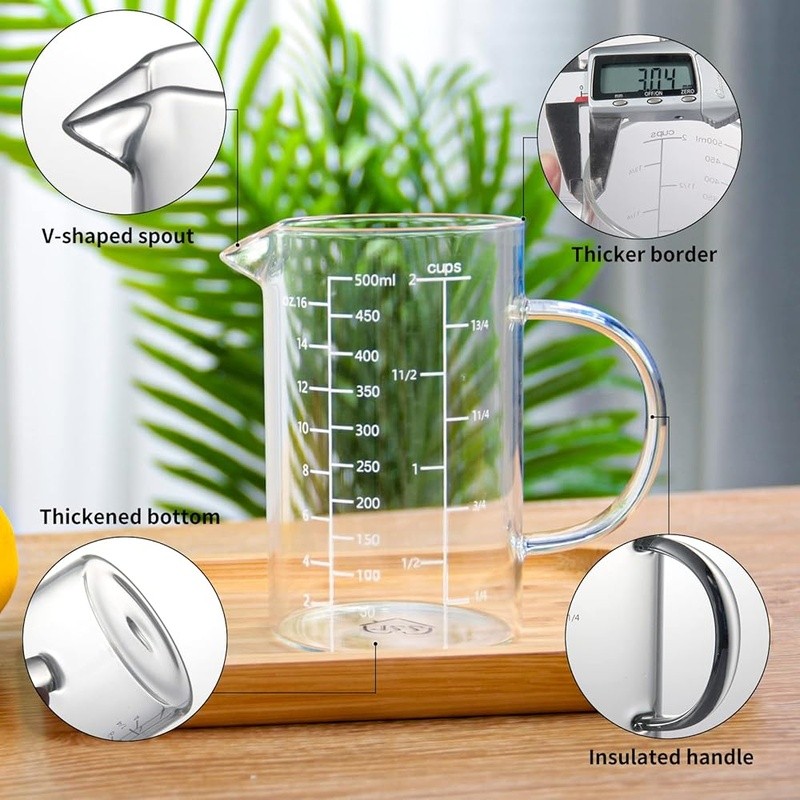 Borosilicate Glass Measuring Cup V-Spout Acid Alkali Resistant Easy Clean 500ml