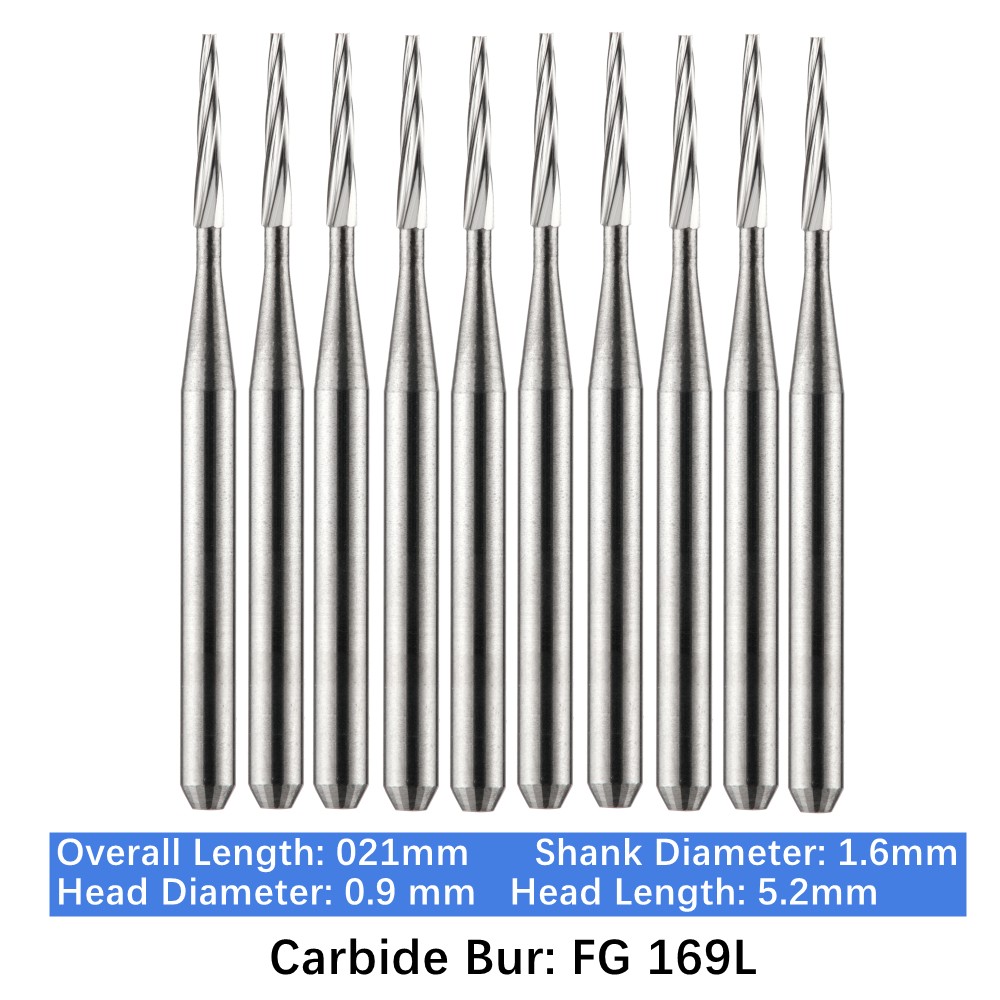 Vakker 10pc Dental Carbide Burs Long FG 169L Taper Flat End High Speed Bur