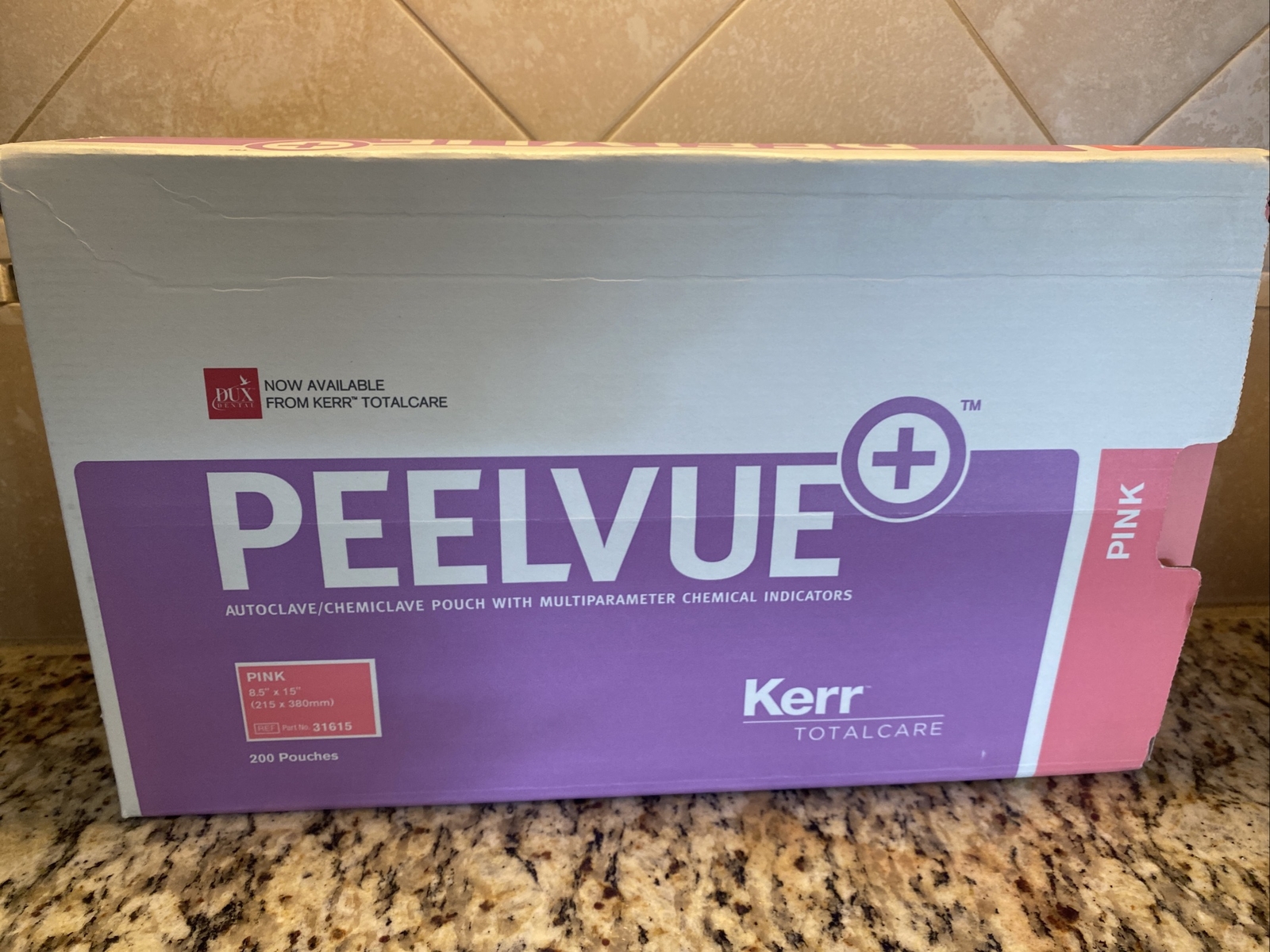 Kerr / Dux Dental PeelVue Autoclave Pouches Pink 8.5”x15″ 200/Box REF 31615