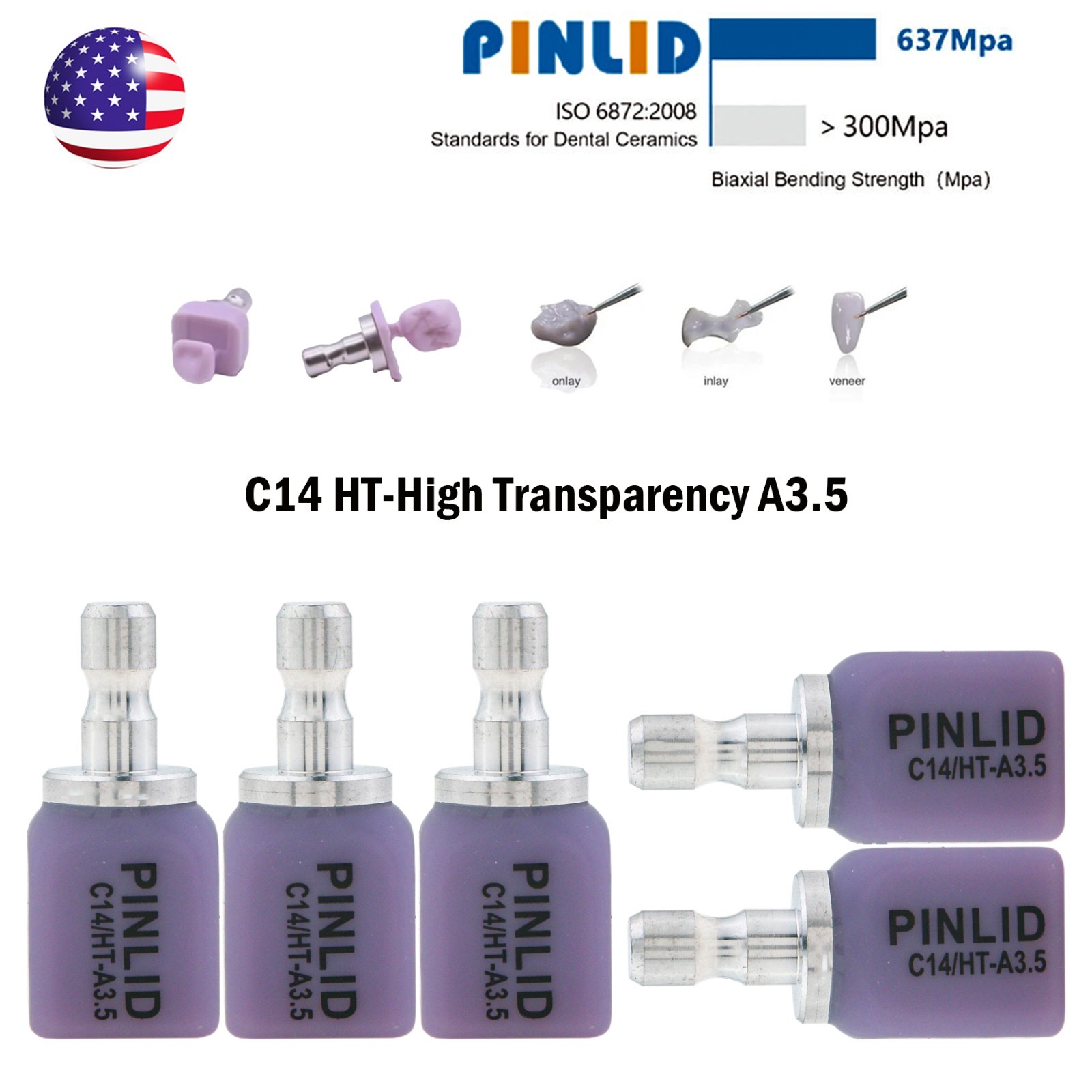US C14 Glass Ceramic Blocks HT Lithium Disilicate CAD/CAM Cerec Blocks 5Pcs/Box