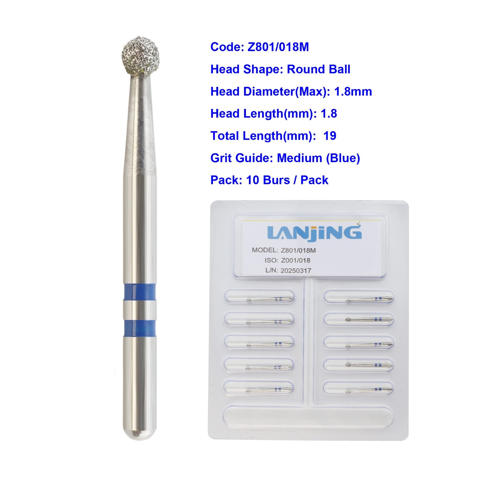 Dental Zirconia Cutting Diamond Burs High Speed FG Round Z801/018M Medium Grit
