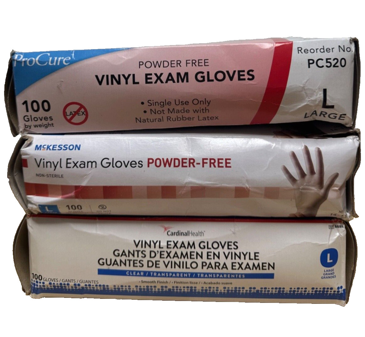 3 Box Large Clear Vinyl Exam Gloves Powder Free 100 Count