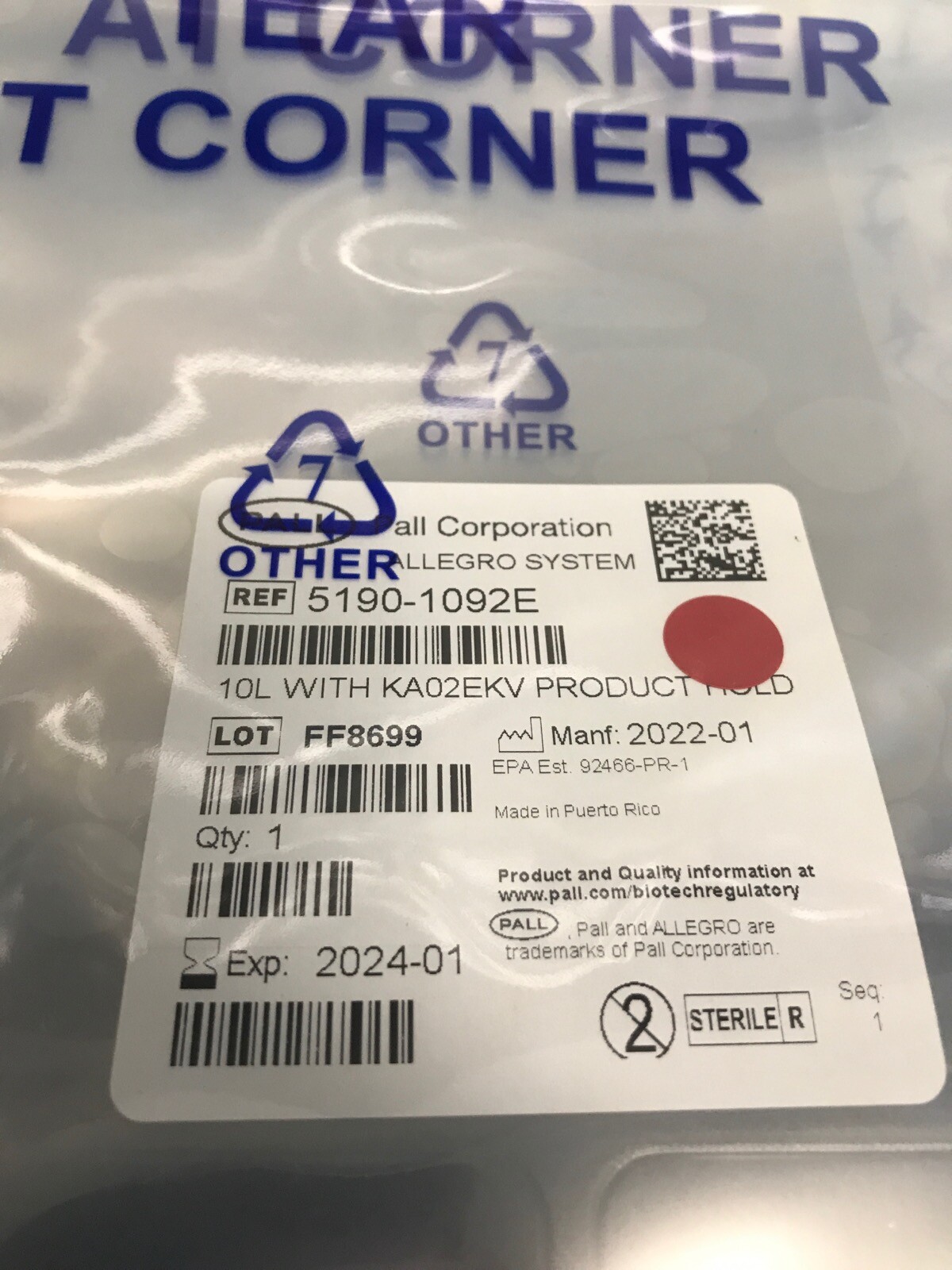 PALL Allegro 10L Disposable Module Biocontainer w/ AdvantaFlex Tubing 5190-1092E